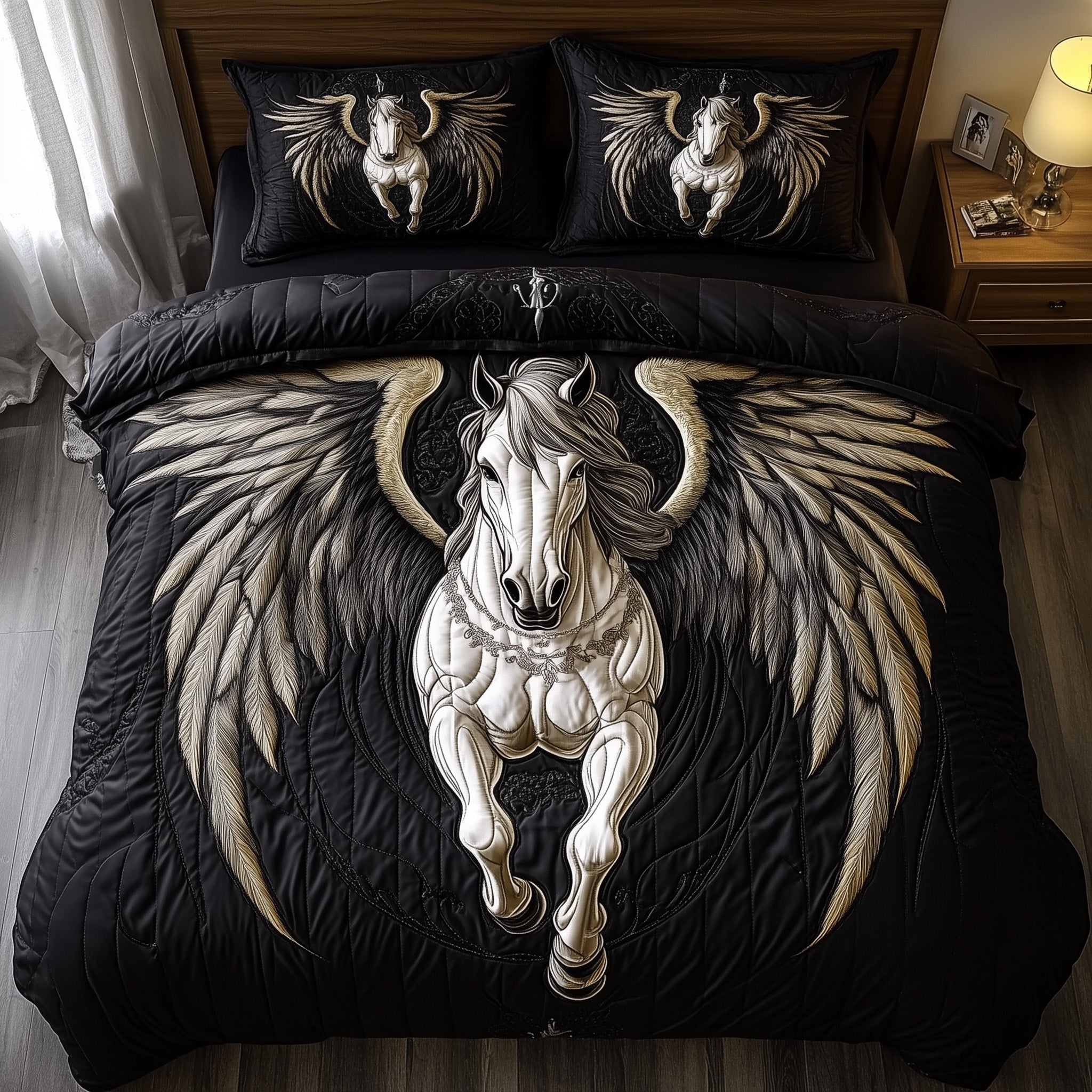 Elegant White Horse Quilted Bedding Set Duvet Cover Merchandise Good Gifts For Horse Lovers