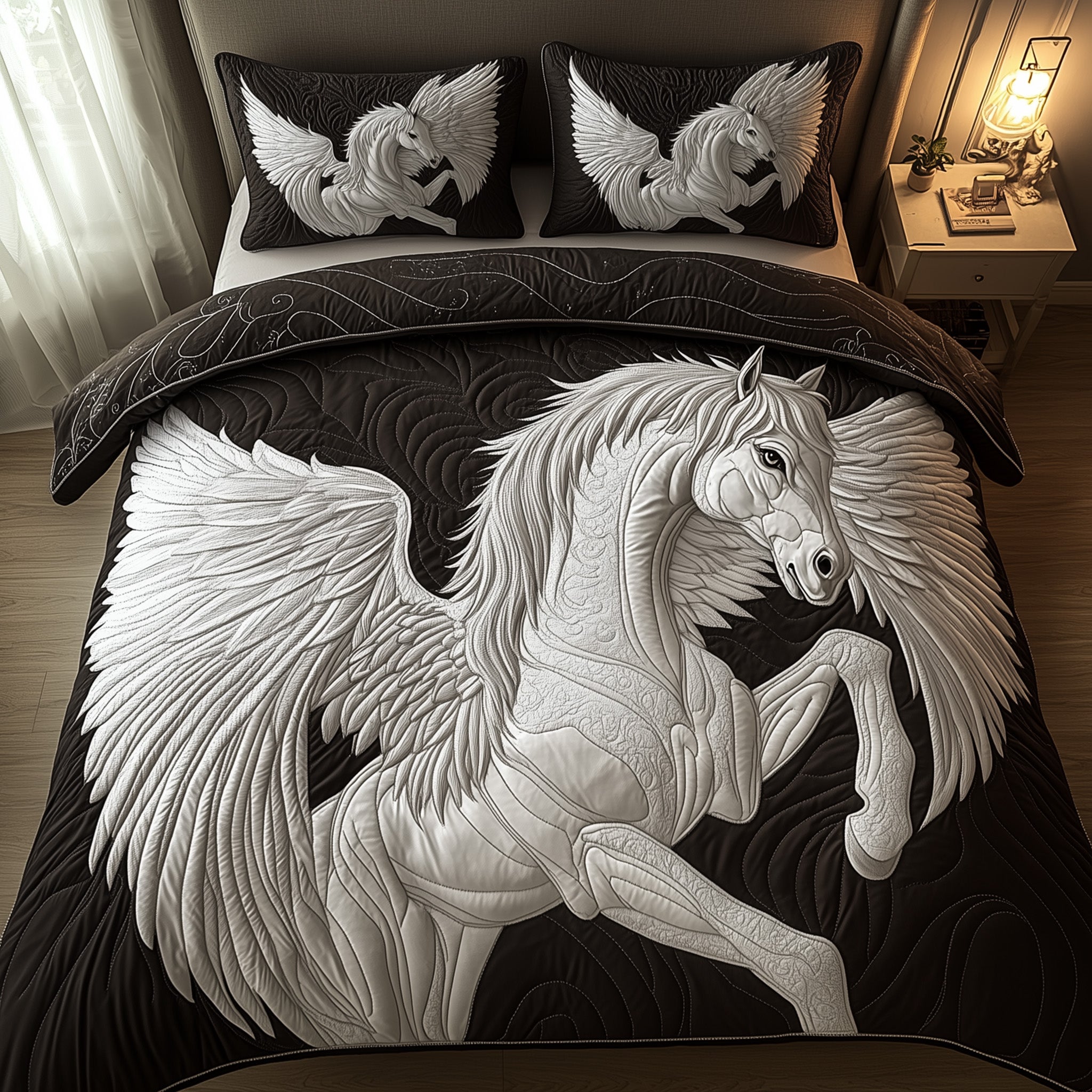 Elegant White Horse Quilted Bedding Set Duvet Cover Merchandise Horse Gifts For Equestrian Riders