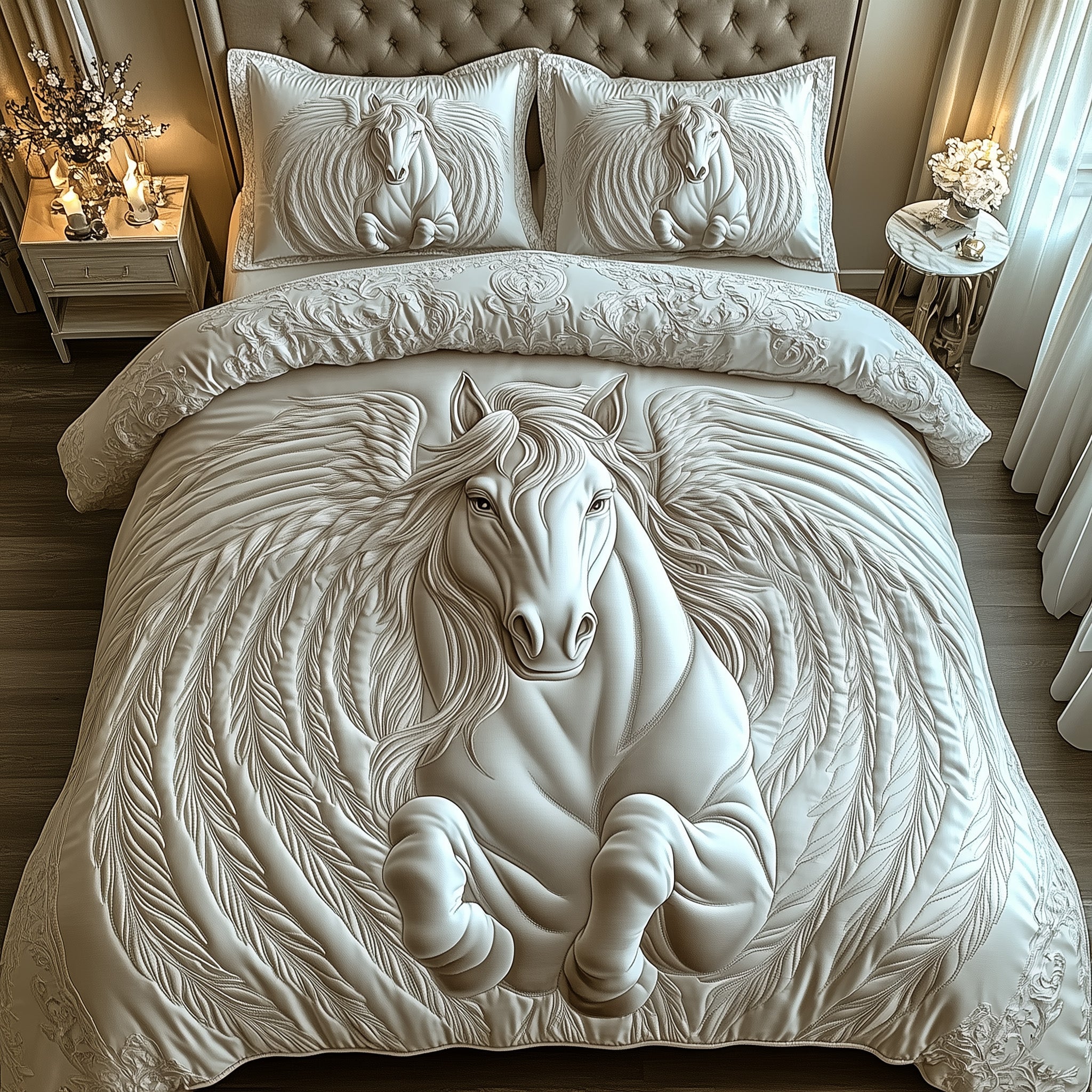 Elegant White Horse Quilted Bedding Set Duvet Cover Merchandise Horse Related Gift Ideas