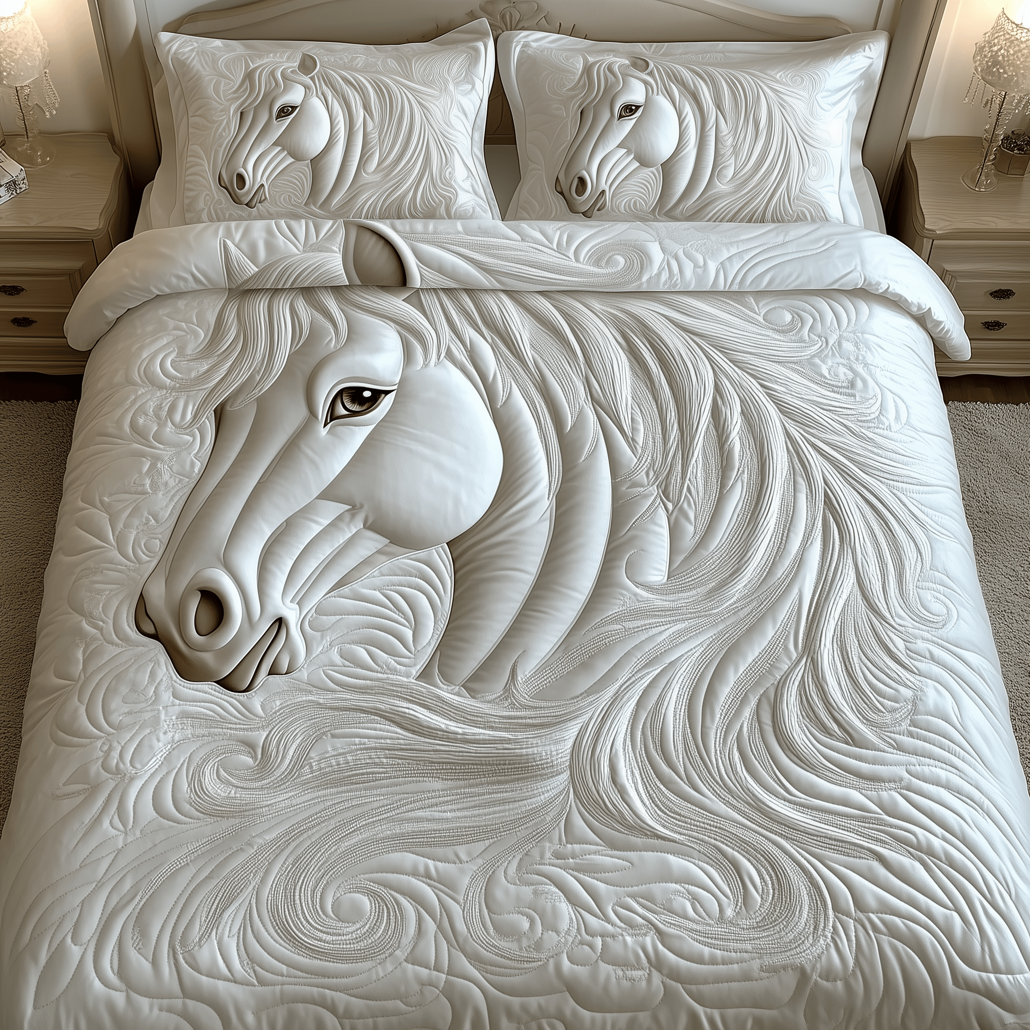 Elegant White Horse Quilted Bedding Set Horse Themed Gifts For Adults