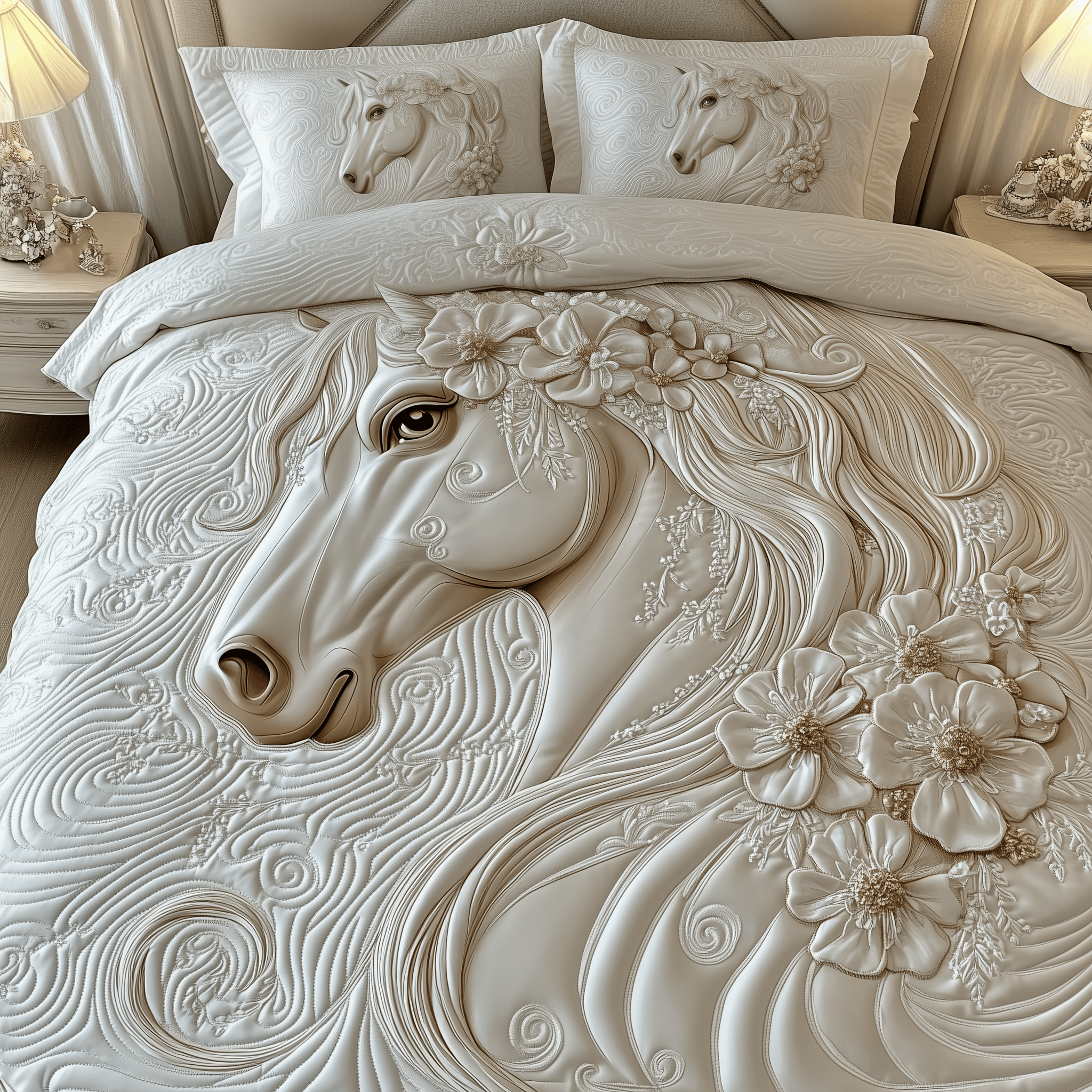 Elegant White Horse Quilted Bedding Set Unique Gifts For Horse Lovers