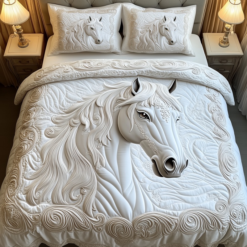 Elegant White Horse Quilted Bedding Set Wild Horse Bedroom Decor Best Gift For Horse Lovers
