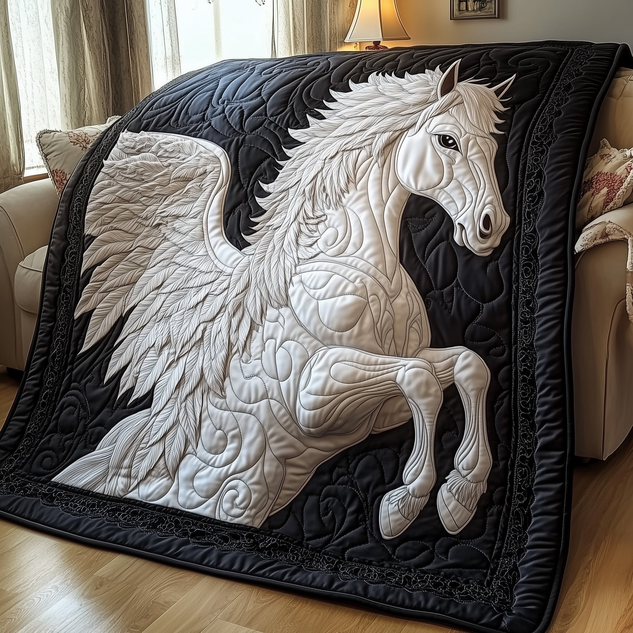 Elegant White Horse Quilted Blanket Christmas Theme Quilted Blanket Throw