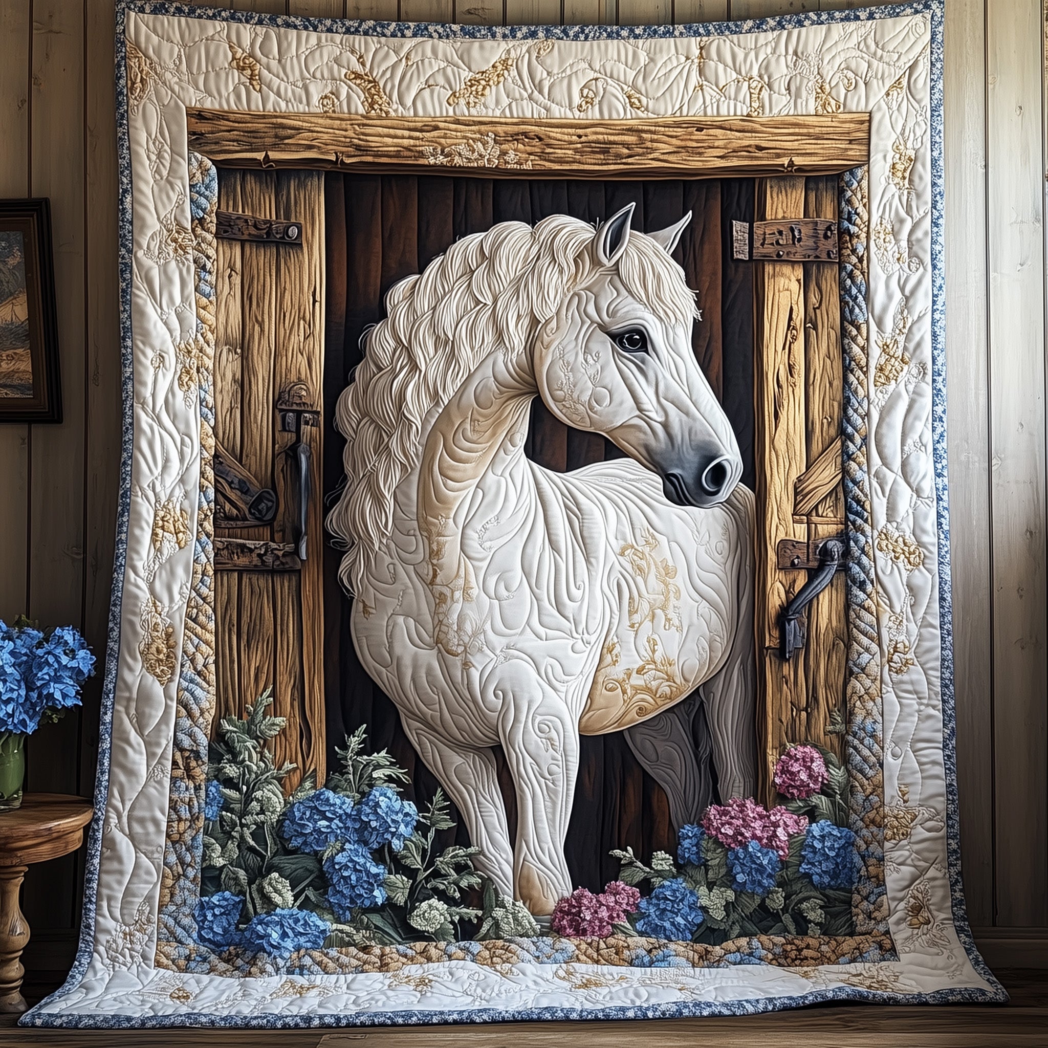 Elegant White Horse Quilted Blanket Couch Throw BlanketChristmas Gifts For Horse Racing Lovers