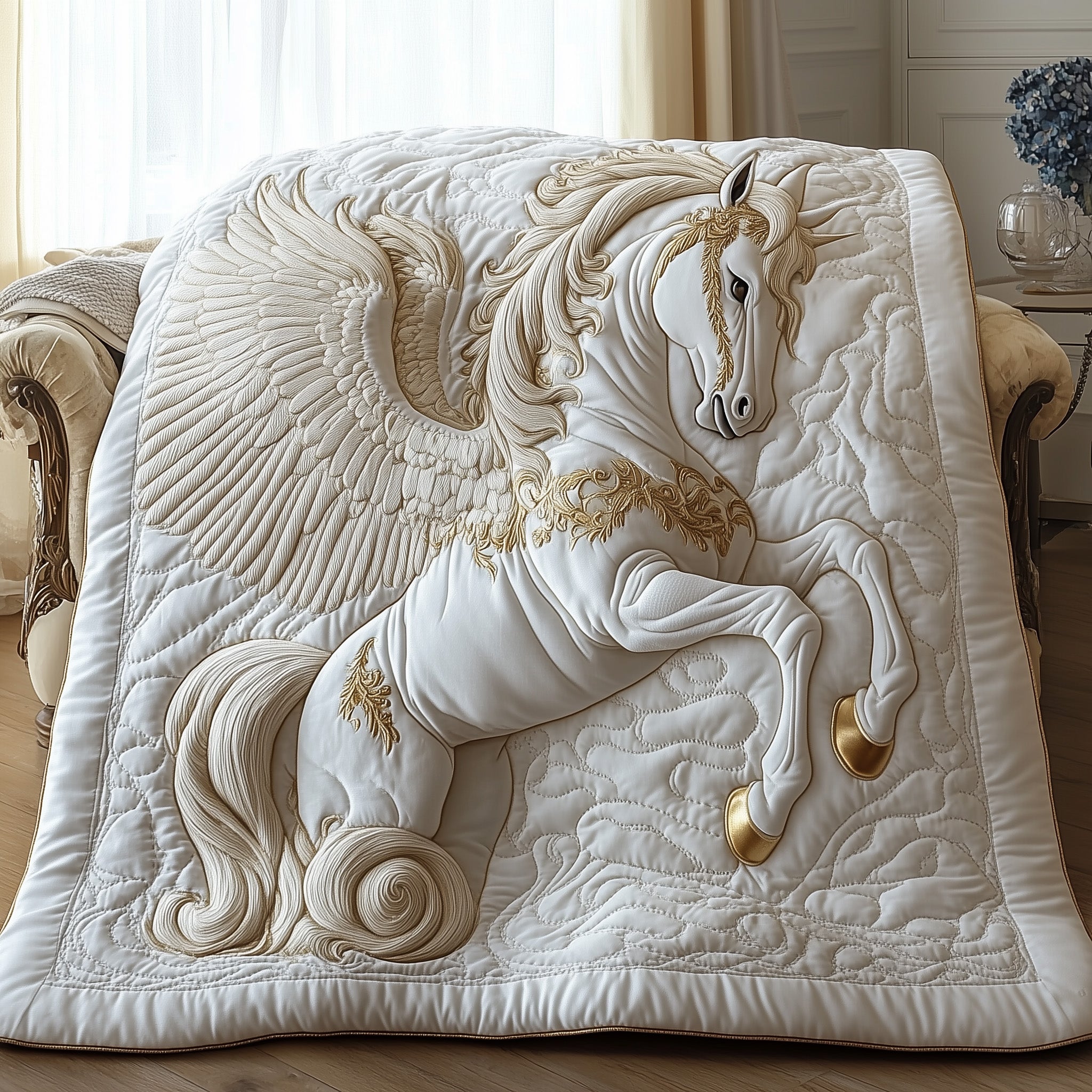 Elegant White Horse Quilted Blanket Cozy Winter Quilted Blanket