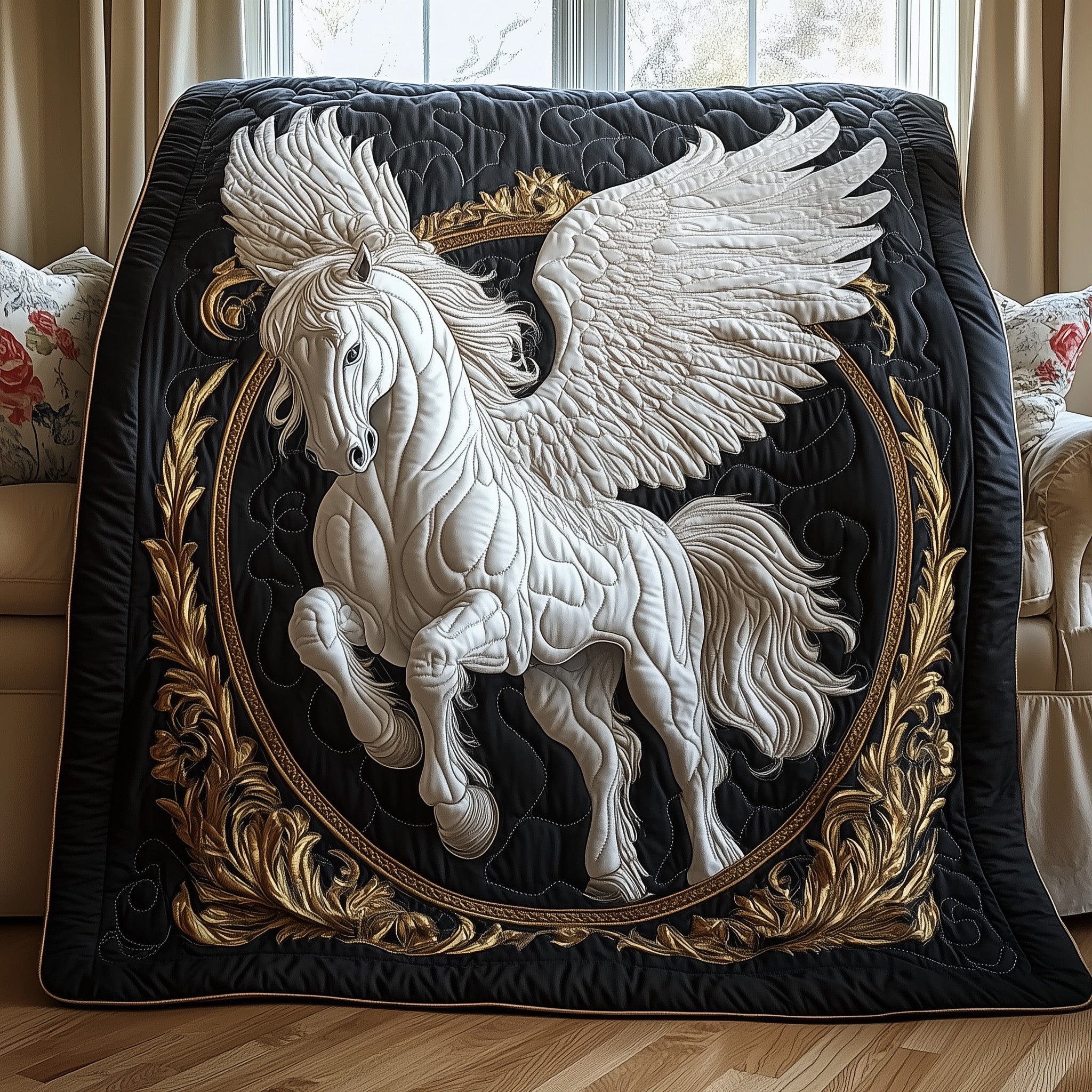 Elegant White Horse Quilted Blanket Festive Holiday Quilt Blanket Decor