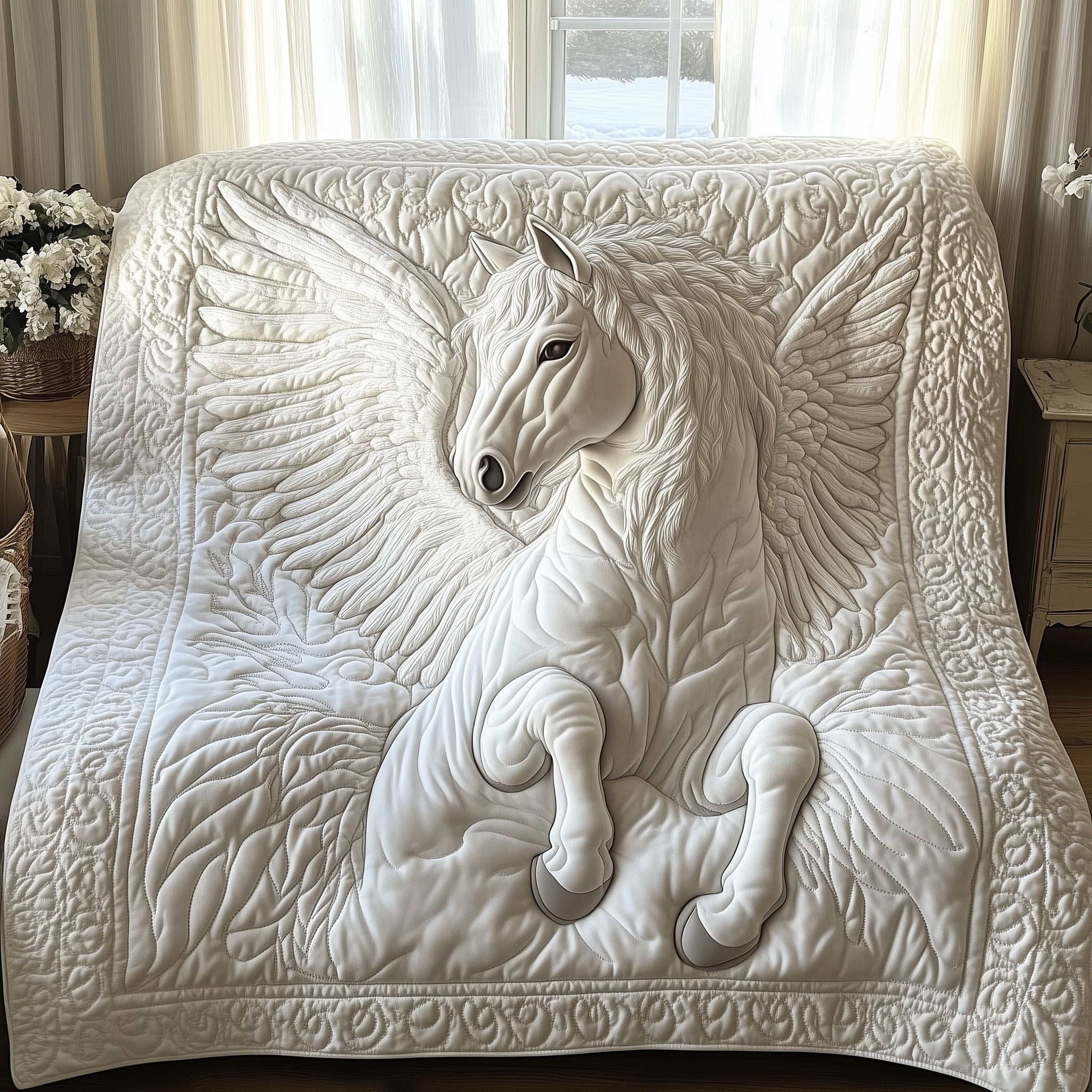 Elegant White Horse Quilted Blanket Holiday Quilted Throw Blanket Gift Idea