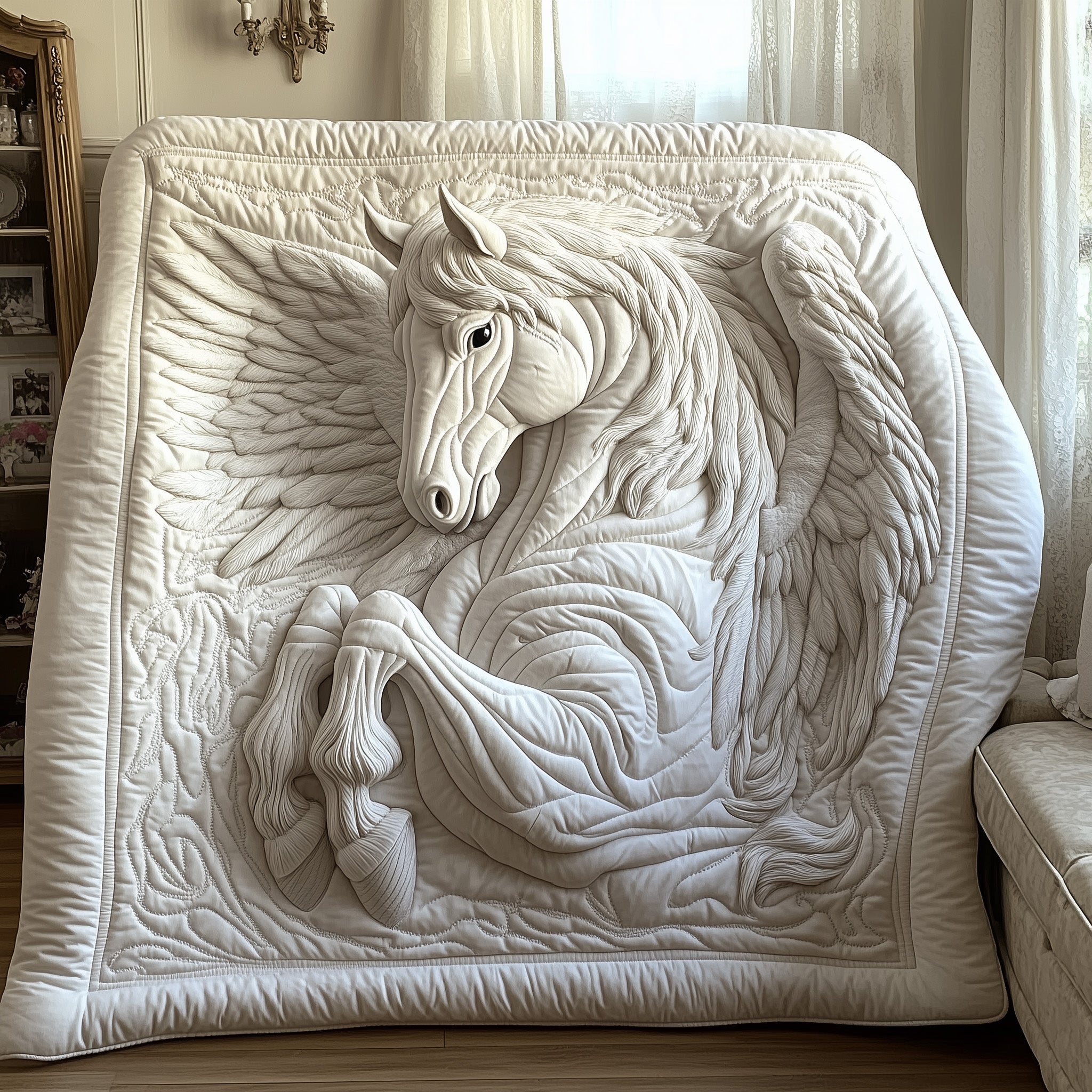 Elegant White Horse Quilted Blanket Quilted Christmas Blanket for Couch & Sofa