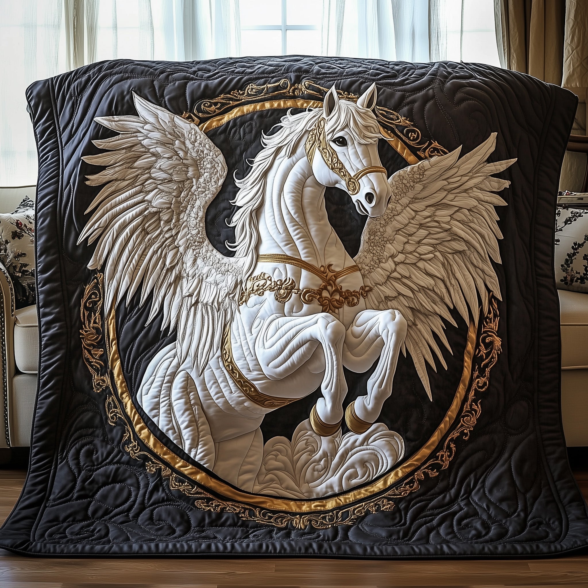 Elegant White Horse Quilted Blanket Xmas Quilted Blanket Gift for Family