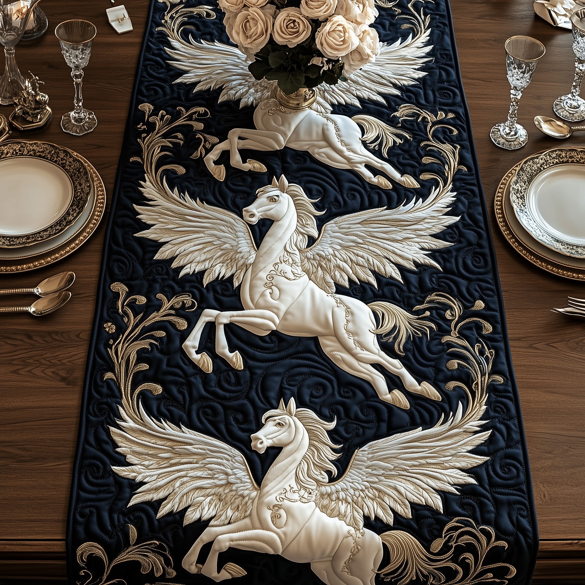 Elegant White Horse Quilted Table Runner Christmas Table Runner Gift Idea