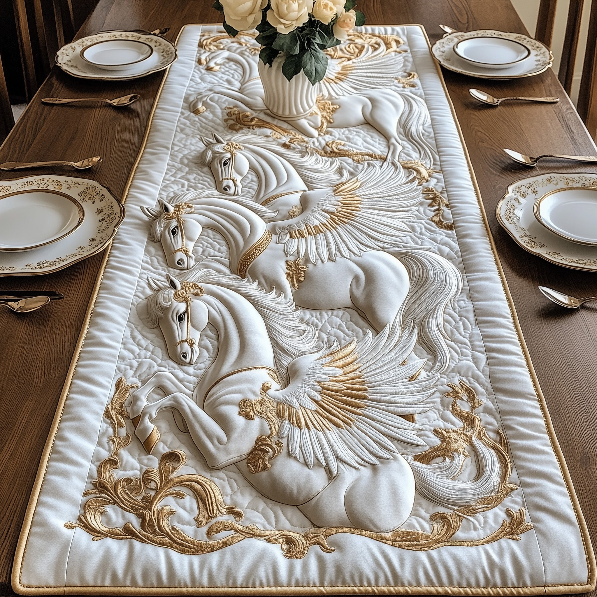 Elegant White Horse Quilted Table Runner Cozy Christmas Table Runner