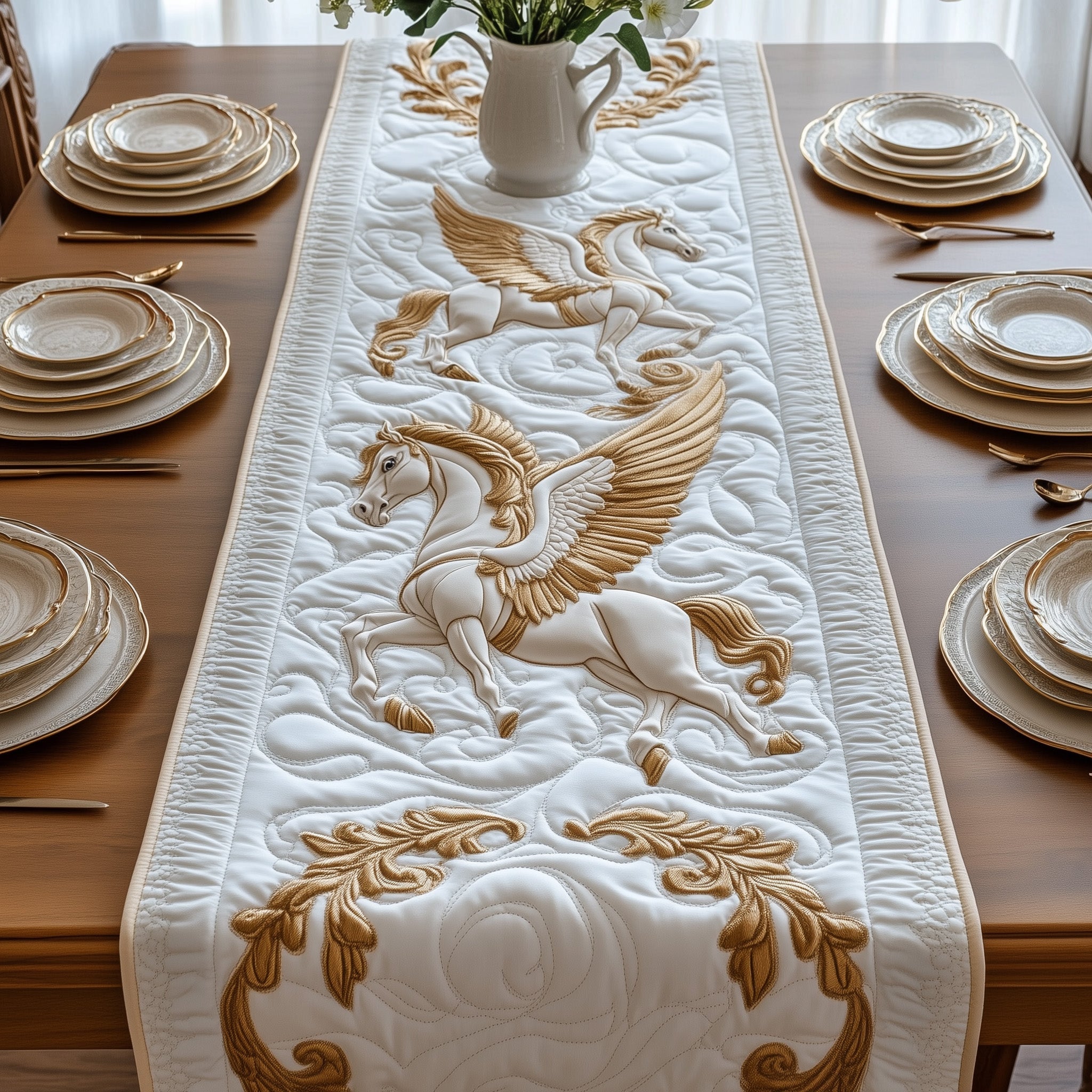 Elegant White Horse Quilted Table Runner Festive Table Runner for Dining Table