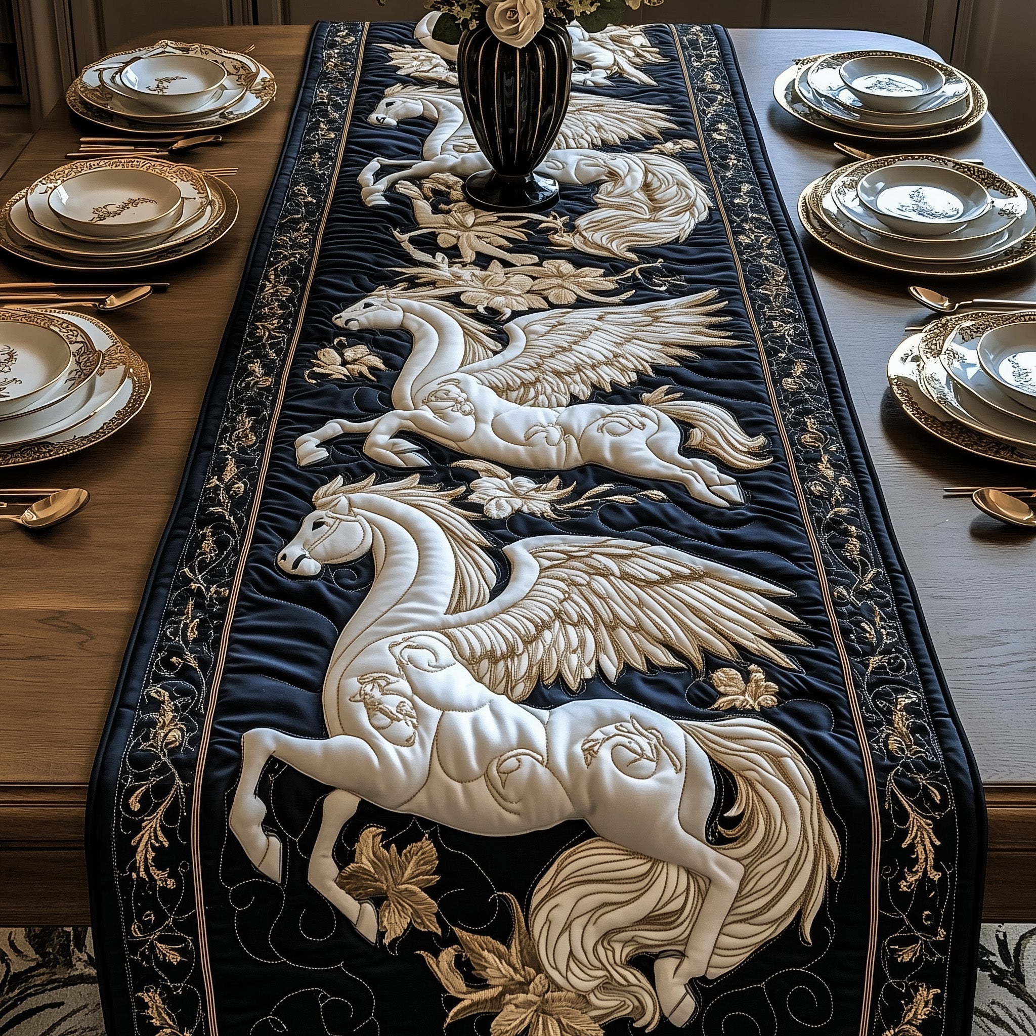 Elegant White Horse Quilted Table Runner Holiday Banquet Table Runner