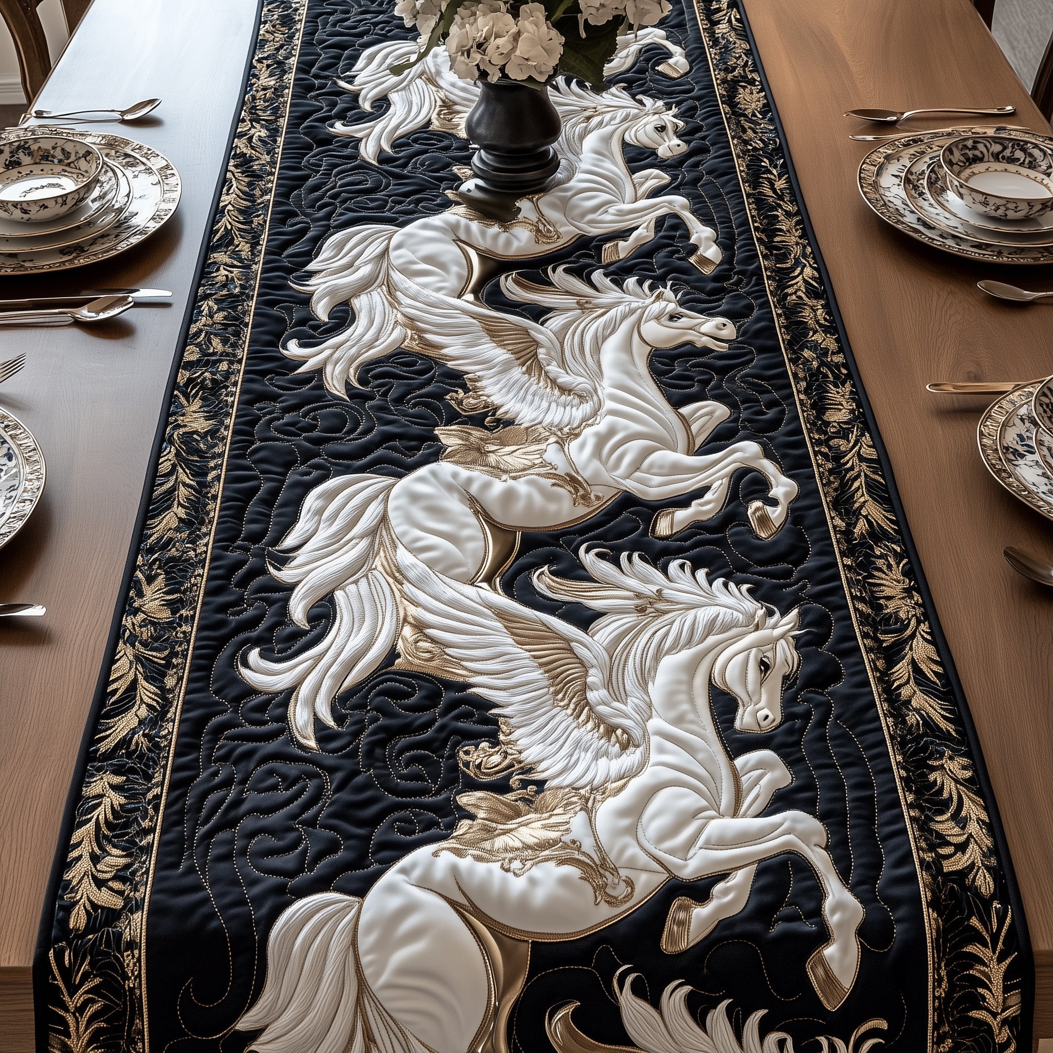 Elegant White Horse Quilted Table Runner Holiday Table Runner Decoration