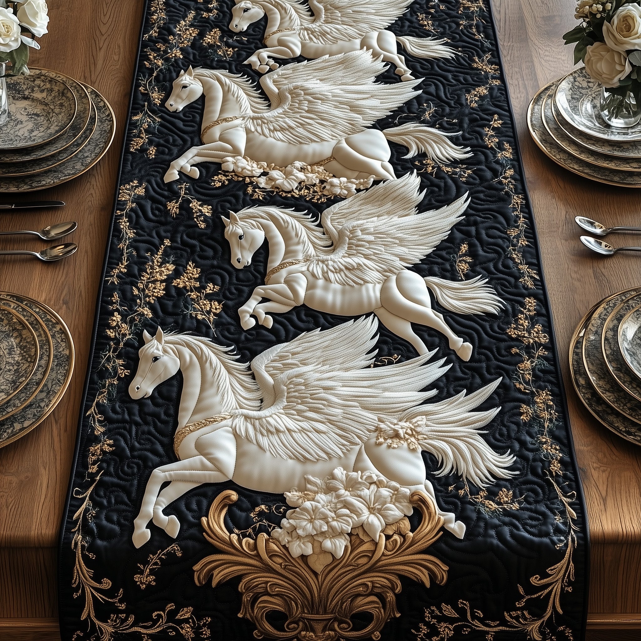 Elegant White Horse Quilted Table Runner Merry Christmas Table Runner Decor
