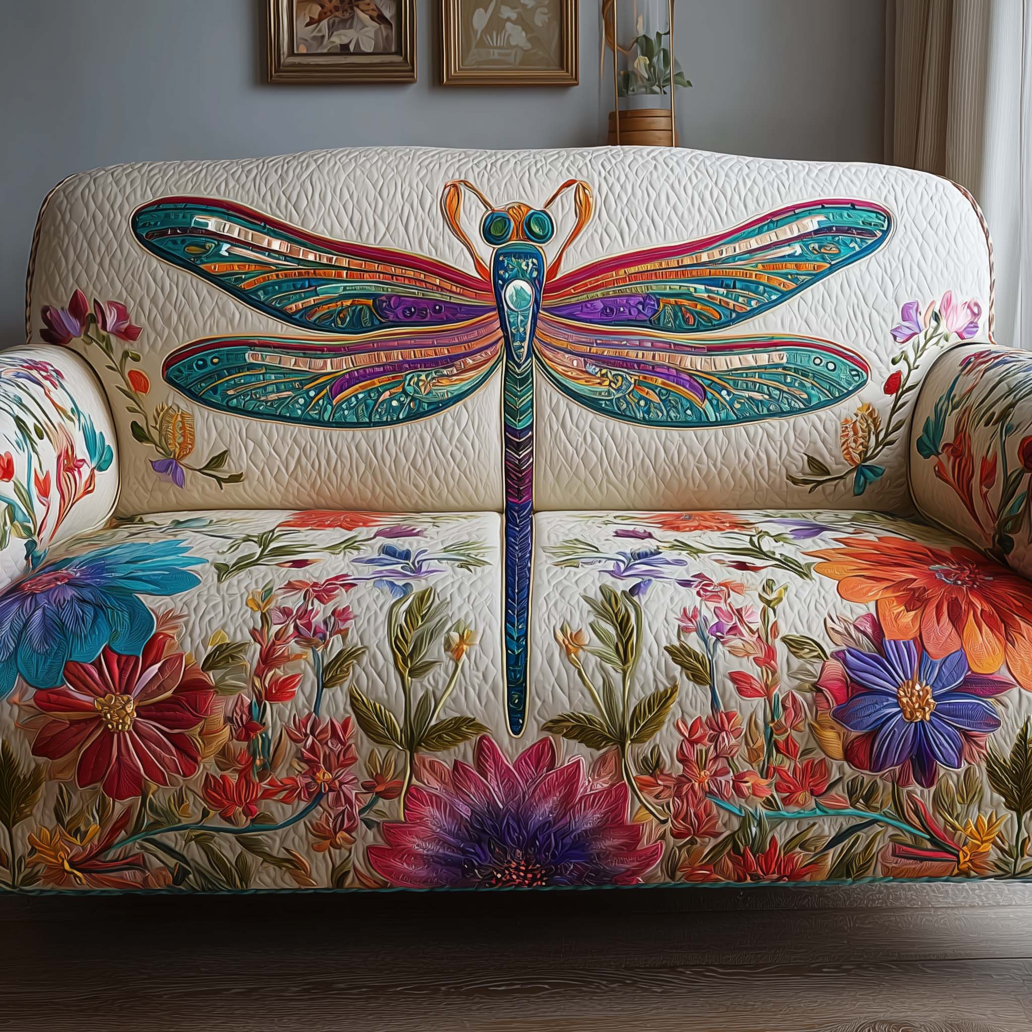 Elegant Wings Quilted Sofa Cover Artistic Elegant Feather Design Dragonfly Gift Ideas