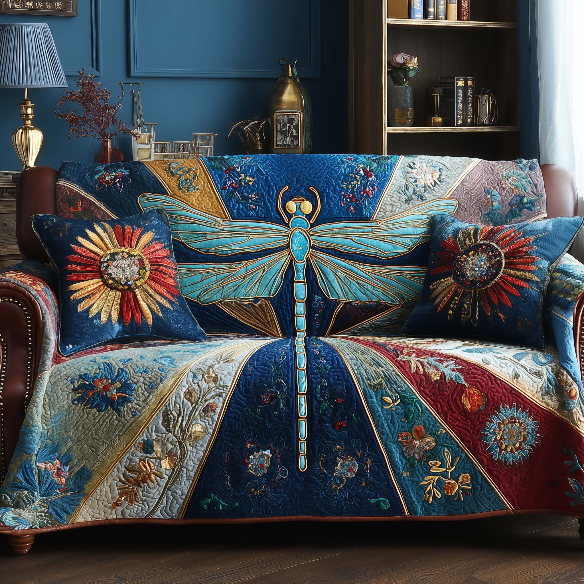 Elegant Wings Quilted Sofa Cover Graceful Feathered Wing Protector Dragonfly Gift Ideas