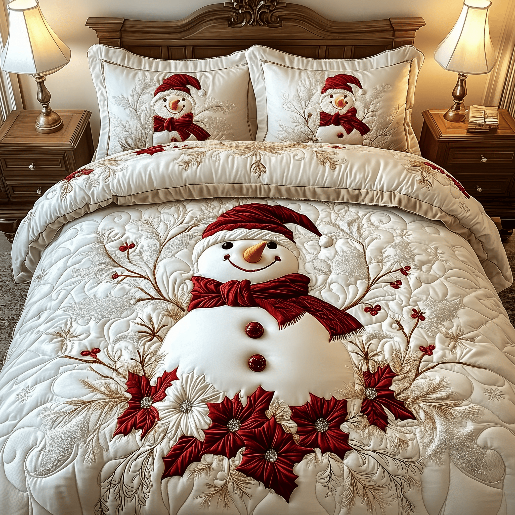 Elegant Winter Snowman Quilted Bedding Set Christmas Ornament Daughter