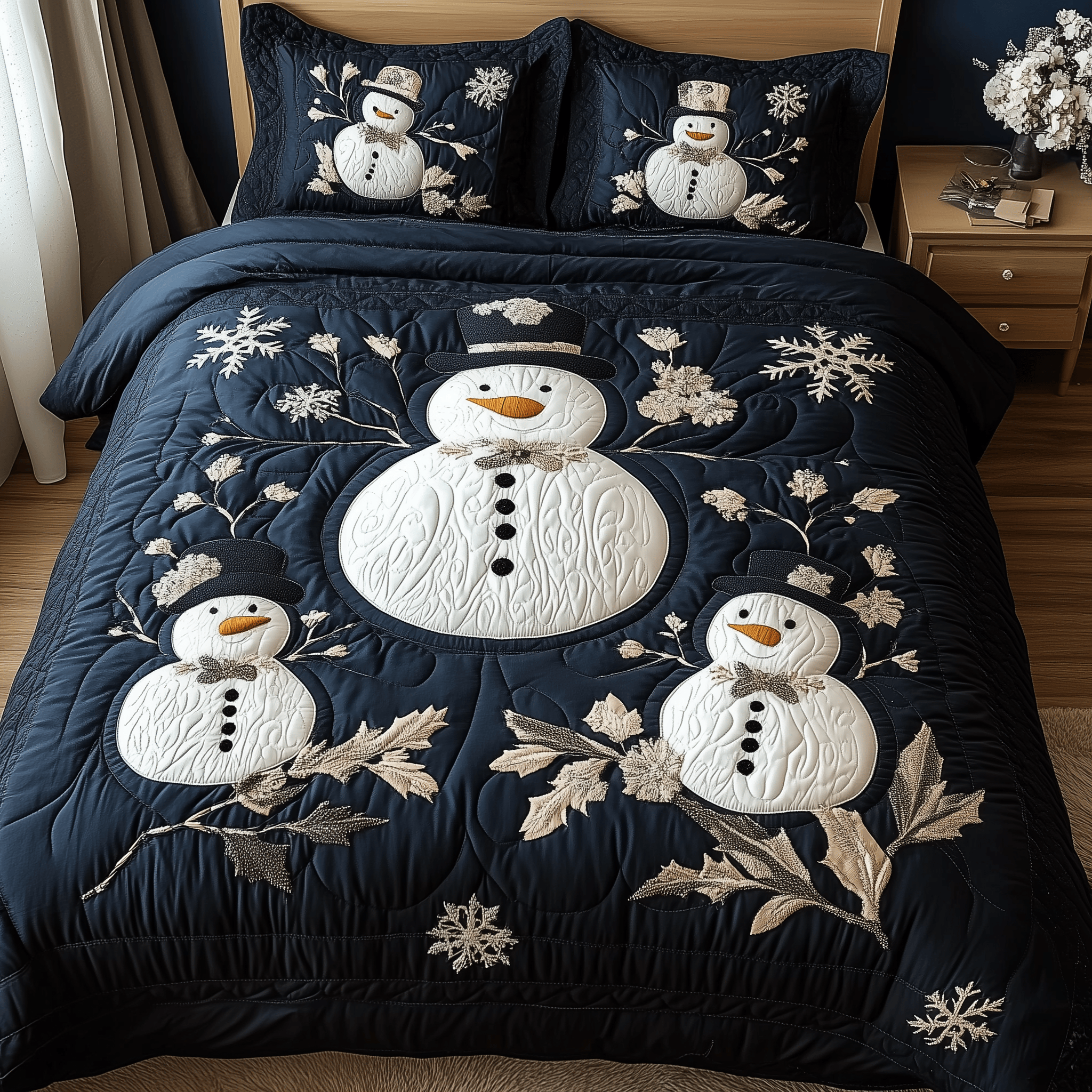 Elegant Winter Snowman Quilted Bedding Set Christmas Presents For Son And Daughter In Law