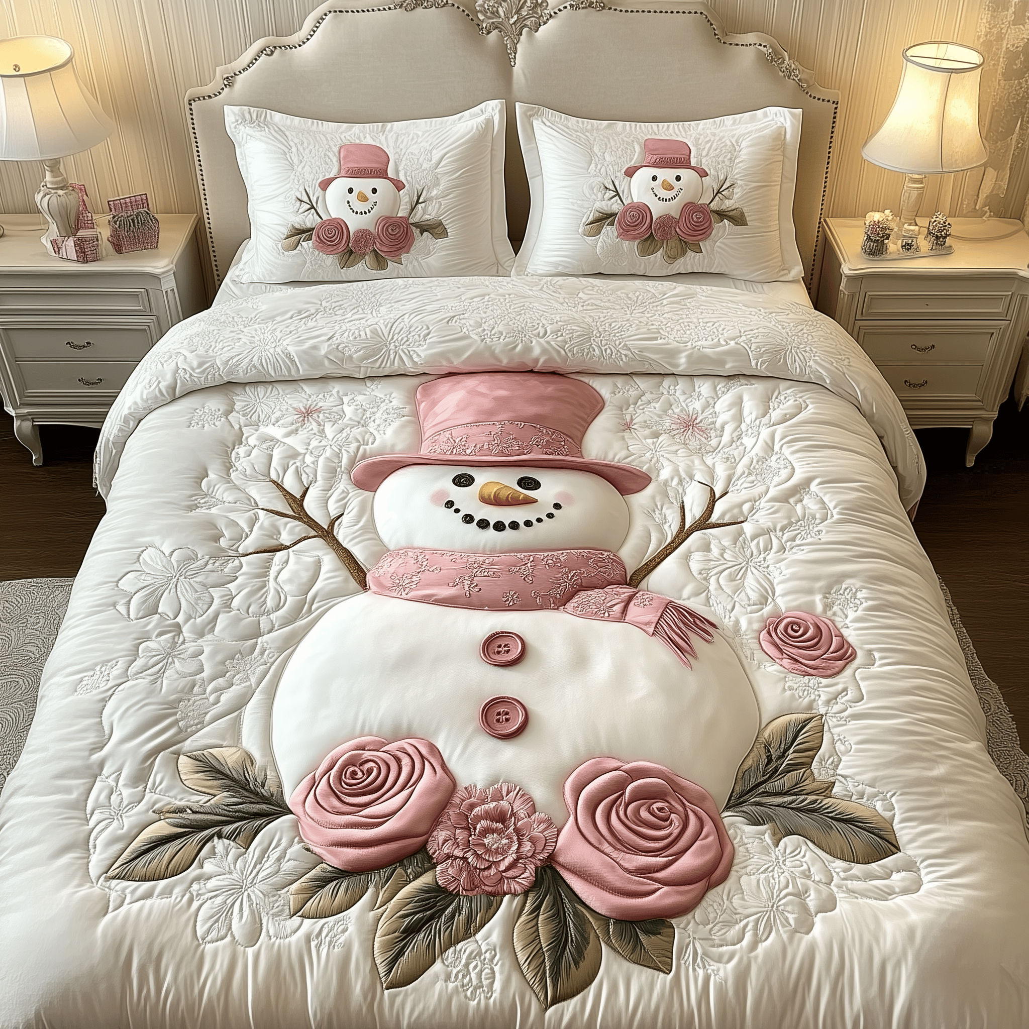 Elegant Winter Snowman Quilted Bedding Set Daughter Snow Globe
