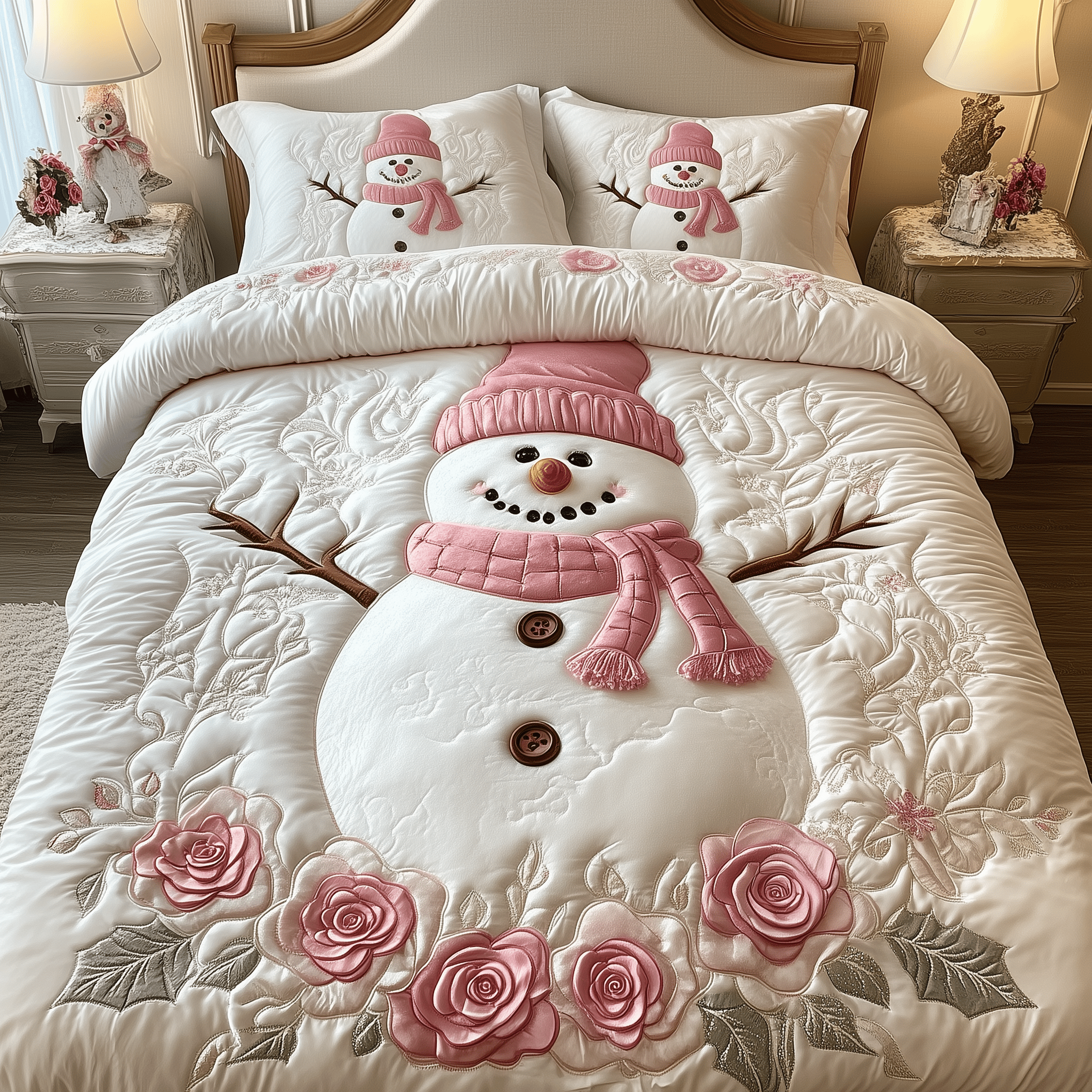 Elegant Winter Snowman Quilted Bedding Set Mom And Daughter Christmas Ornament