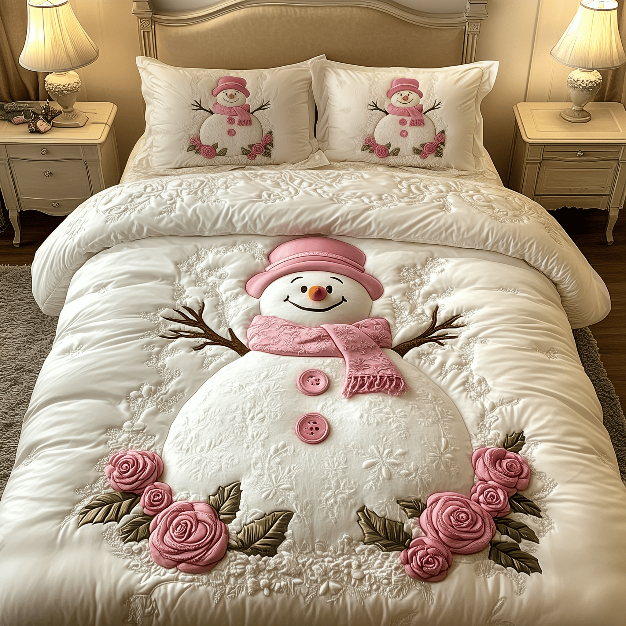 Elegant Winter Snowman Quilted Bedding Set Mother And Daughter Christmas Ornament