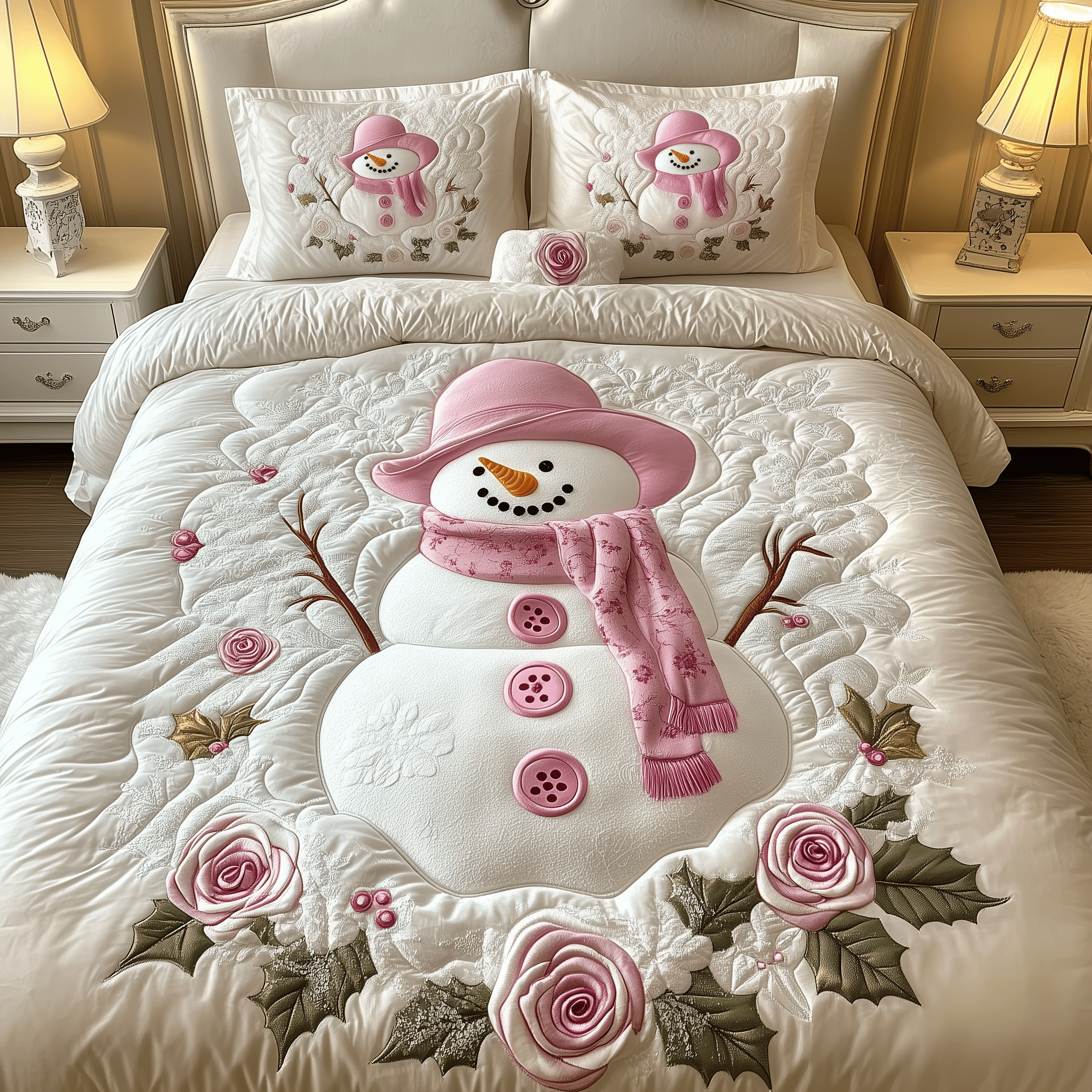 Elegant Winter Snowman Quilted Bedding Set Mother Daughter Christmas Ornament