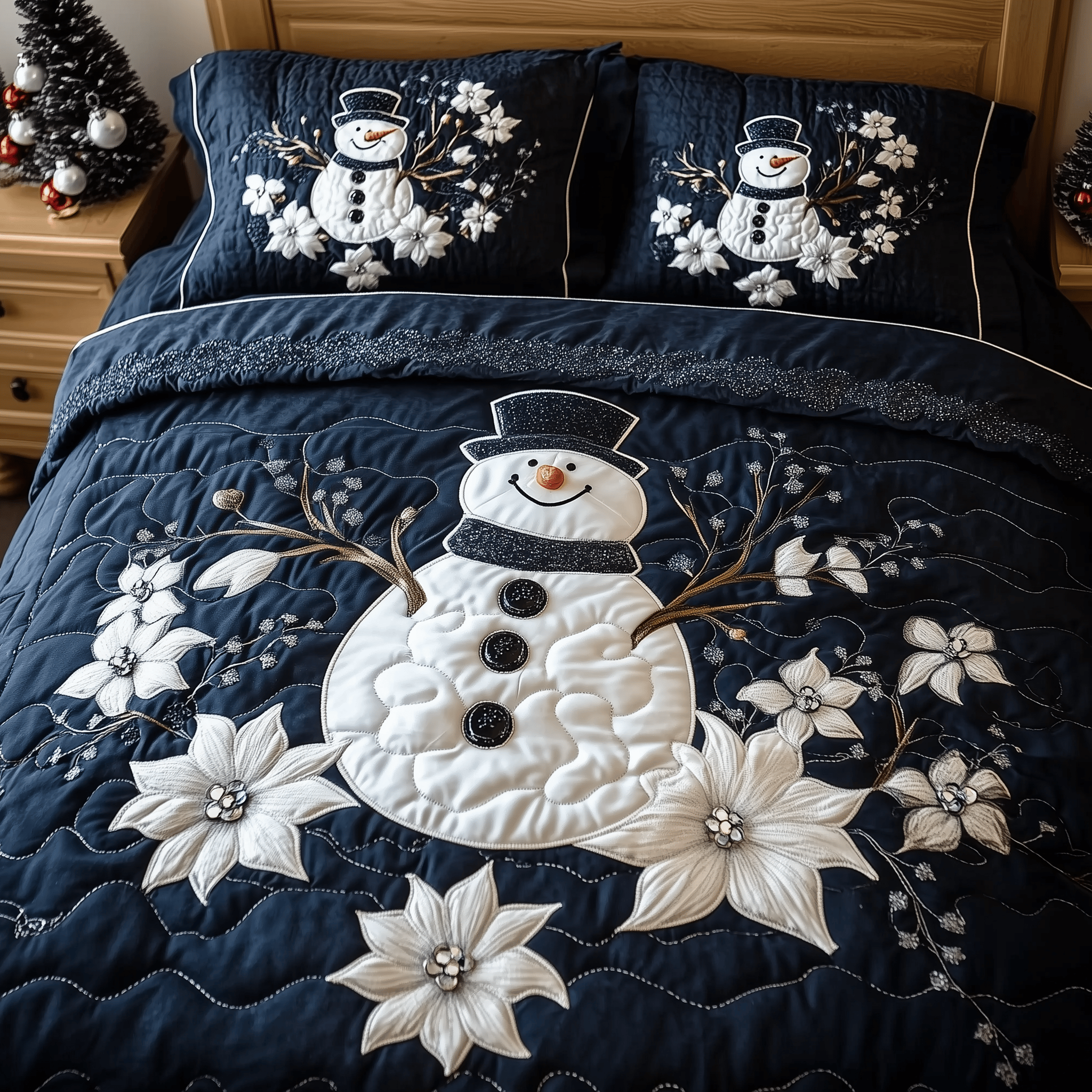 Elegant Winter Snowman Quilted Bedding Set Son And Daughter In Law Christmas Gifts