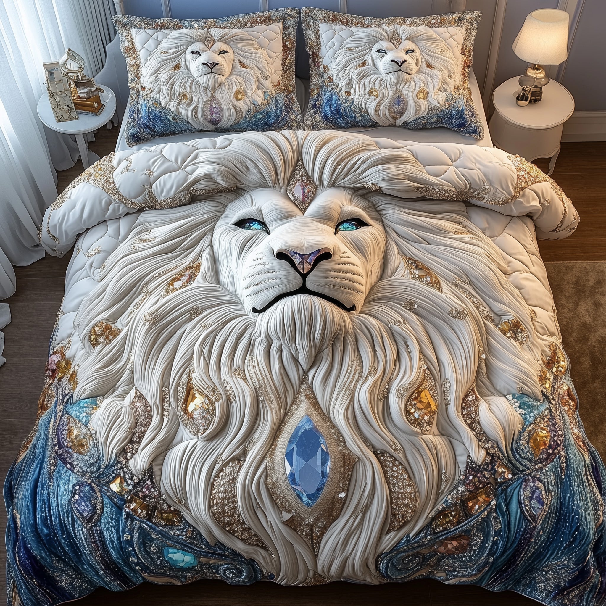 Elemental Lion Quilted Bedding Set Elegant Jungle King Theme Unique Bedroom Gift
