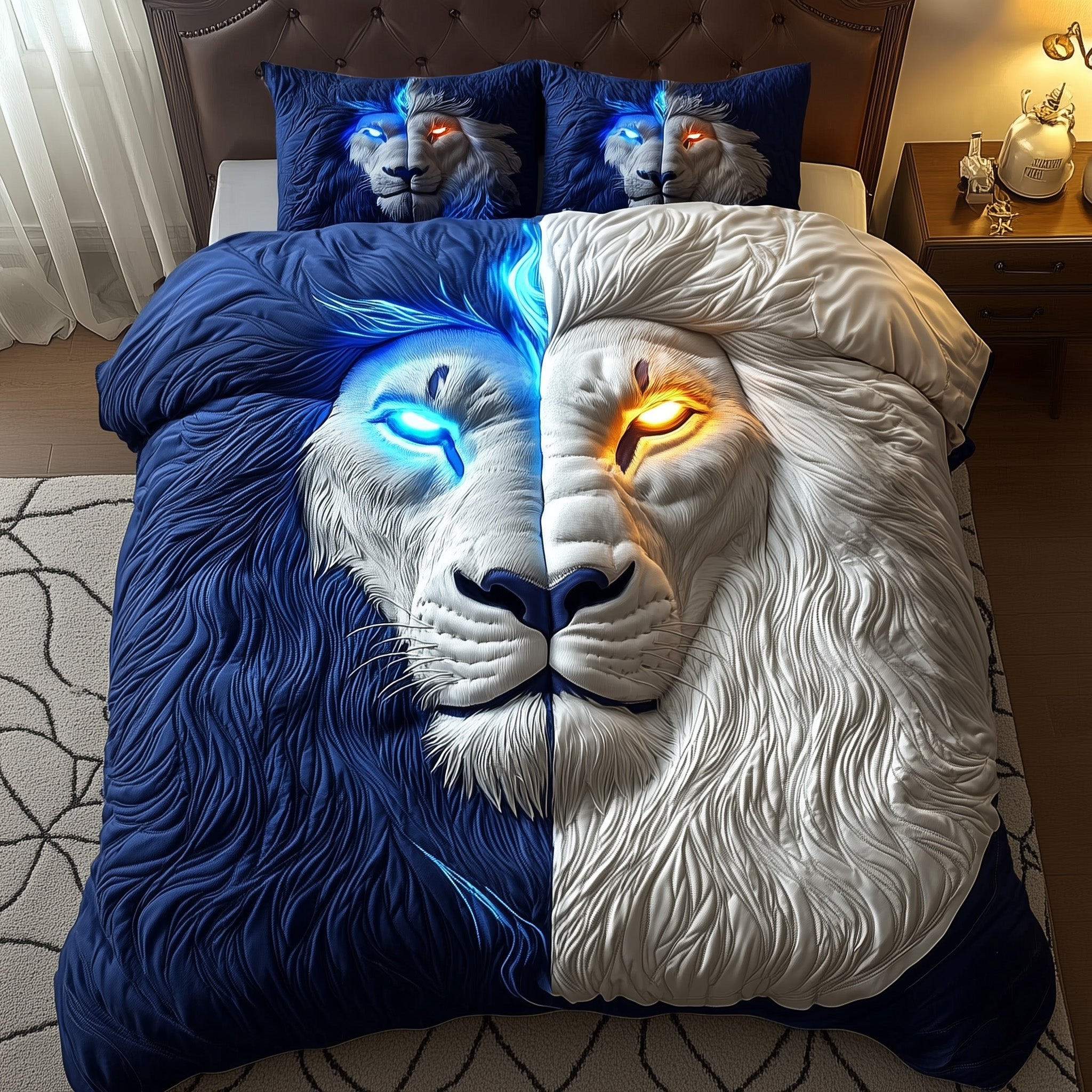 Elemental Lion Quilted Bedding Set Wild Animal Decor Unique Lion Lovers Bedroom Gift