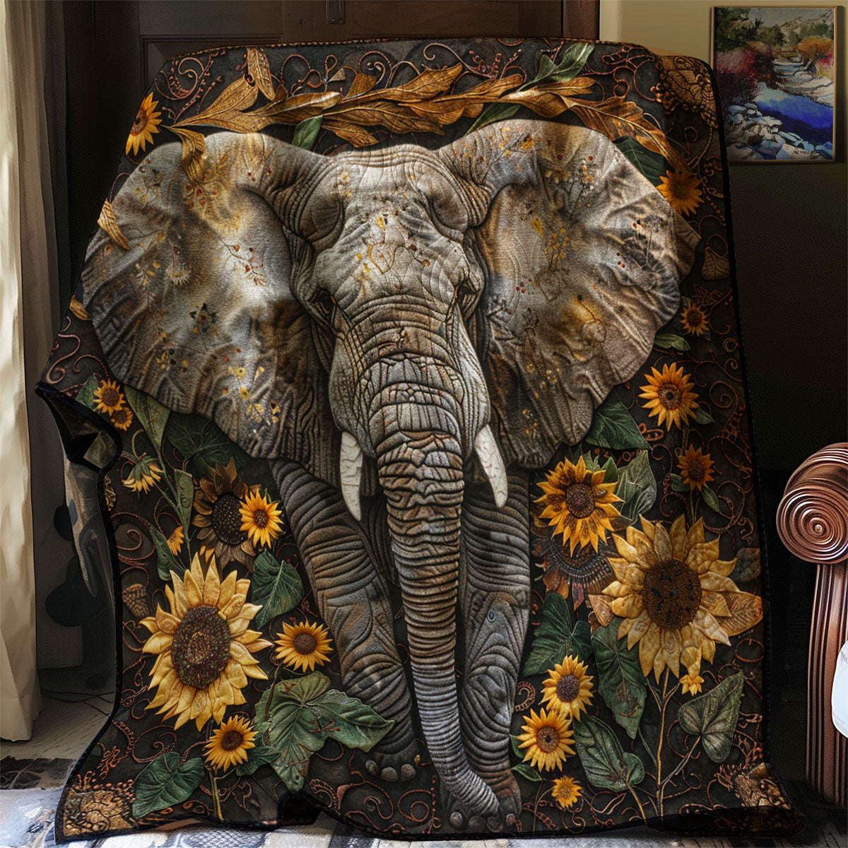 Elephant And Sunflowers Quilt Blanket King Size Blanket Cute Gift For Elephant Lovers