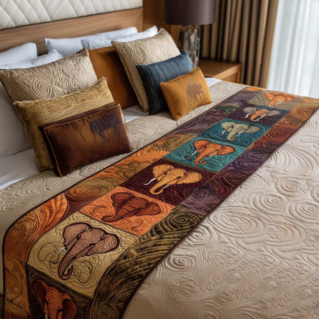 Elephant Bloom Quilted Bed Runner Cozy Bedroom Decor Gifts For Elephant Lovers