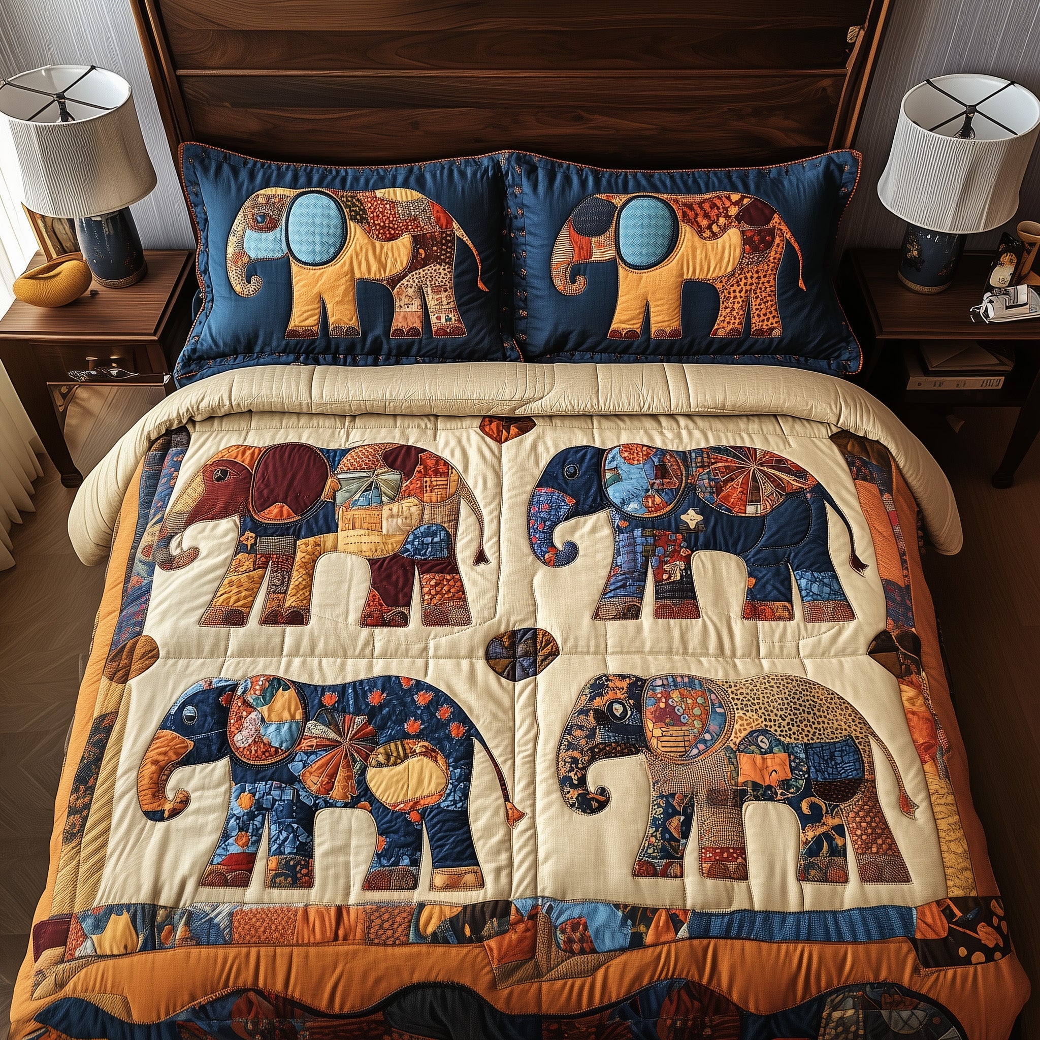 Elephant Charm Quilted Bedding Set Striped Design