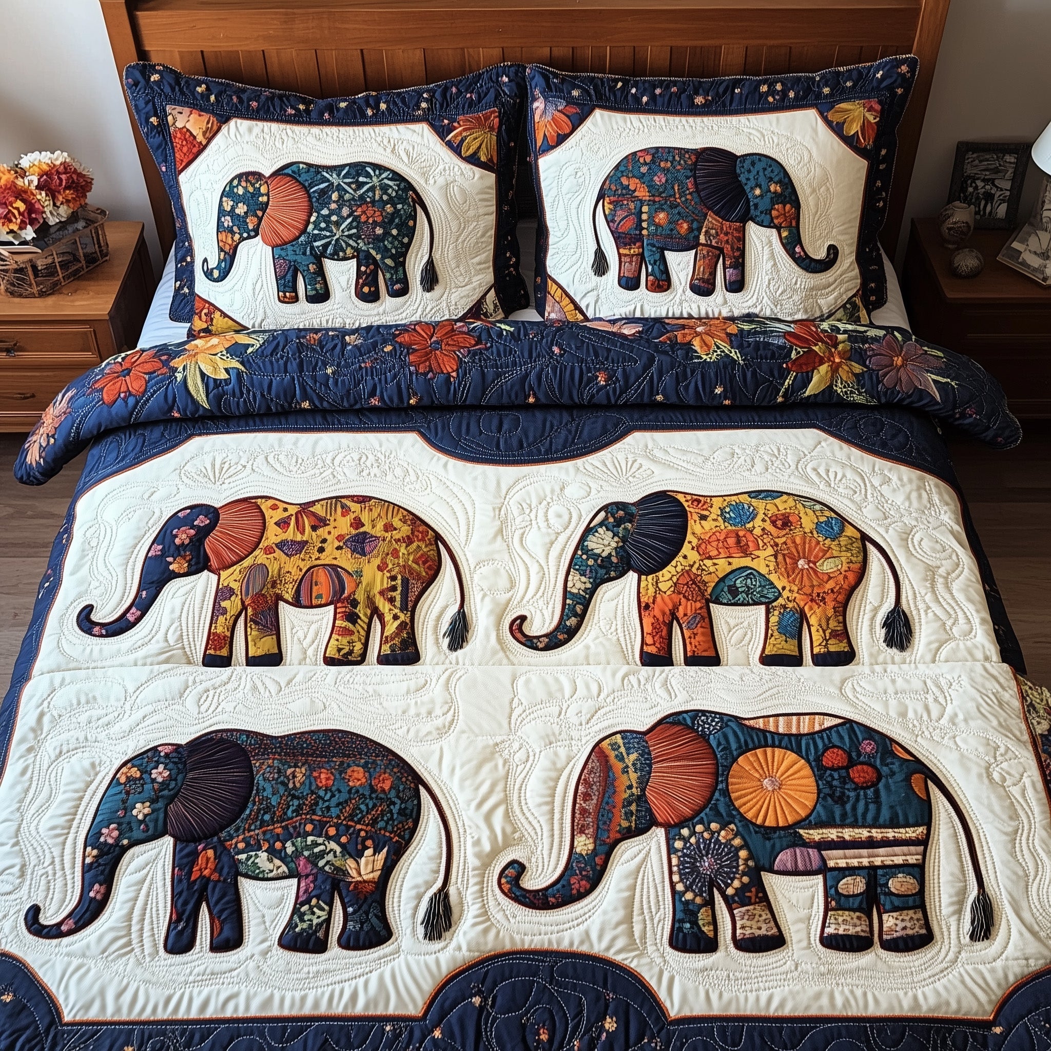 Elephant Charm Quilted Bedding Set Unique Pattern