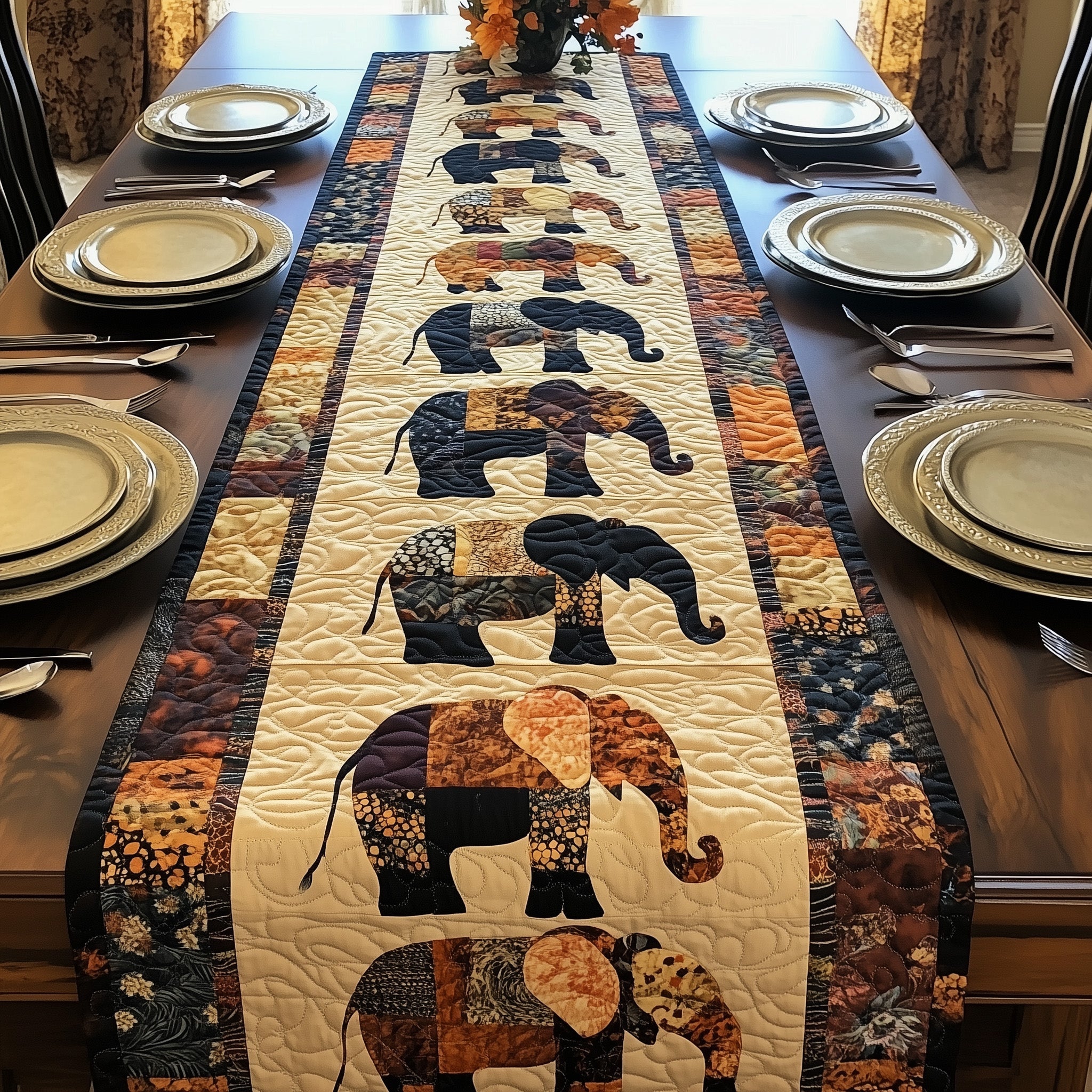 Elephant Dreamscape Trail Quilted Table Runner Holiday Season Table Runner