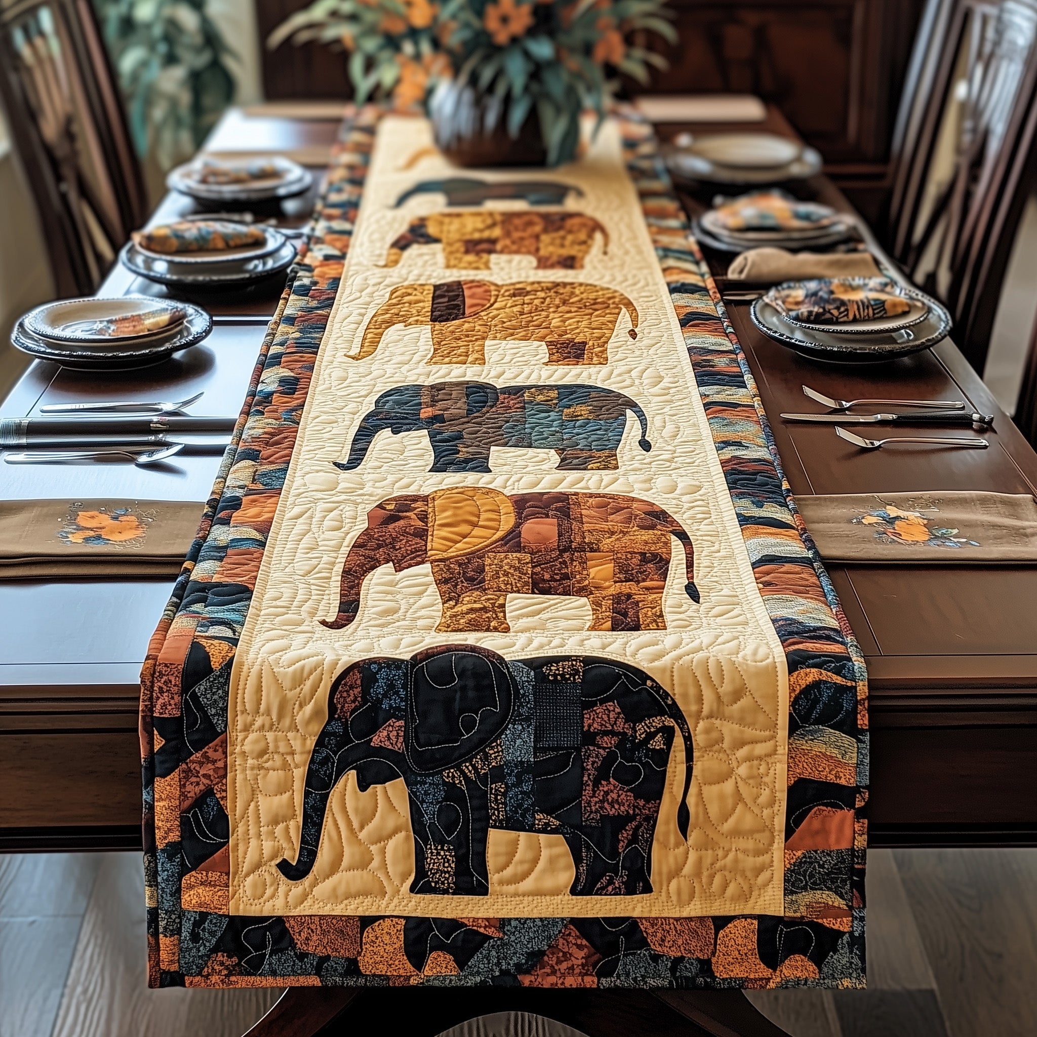 Elephant Dreamscape Trail Quilted Table Runner Table Runner for Holiday Gatherings