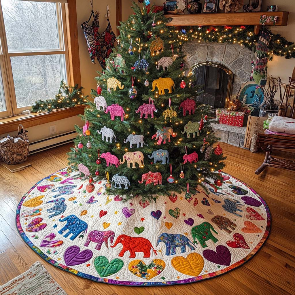 Elephant Festive Colors Christmas Quilted Tree Skirt Animal Themed Elephant Lover Presents