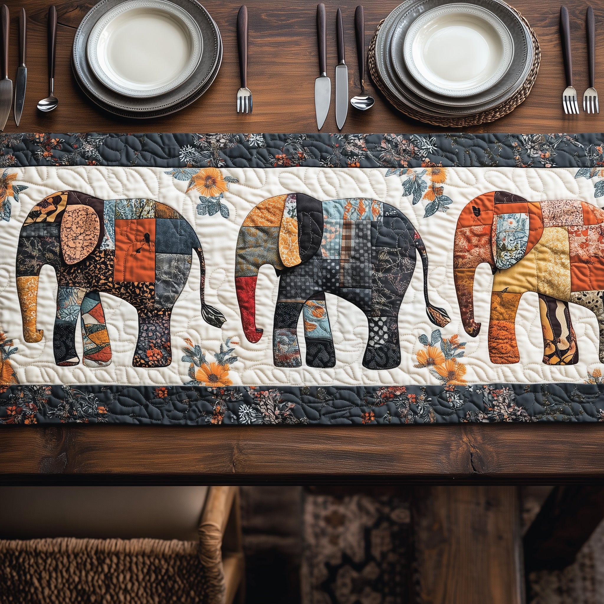 Elephant Harmony Path Quilted Table Runner Christmas Dining Room Table Runner