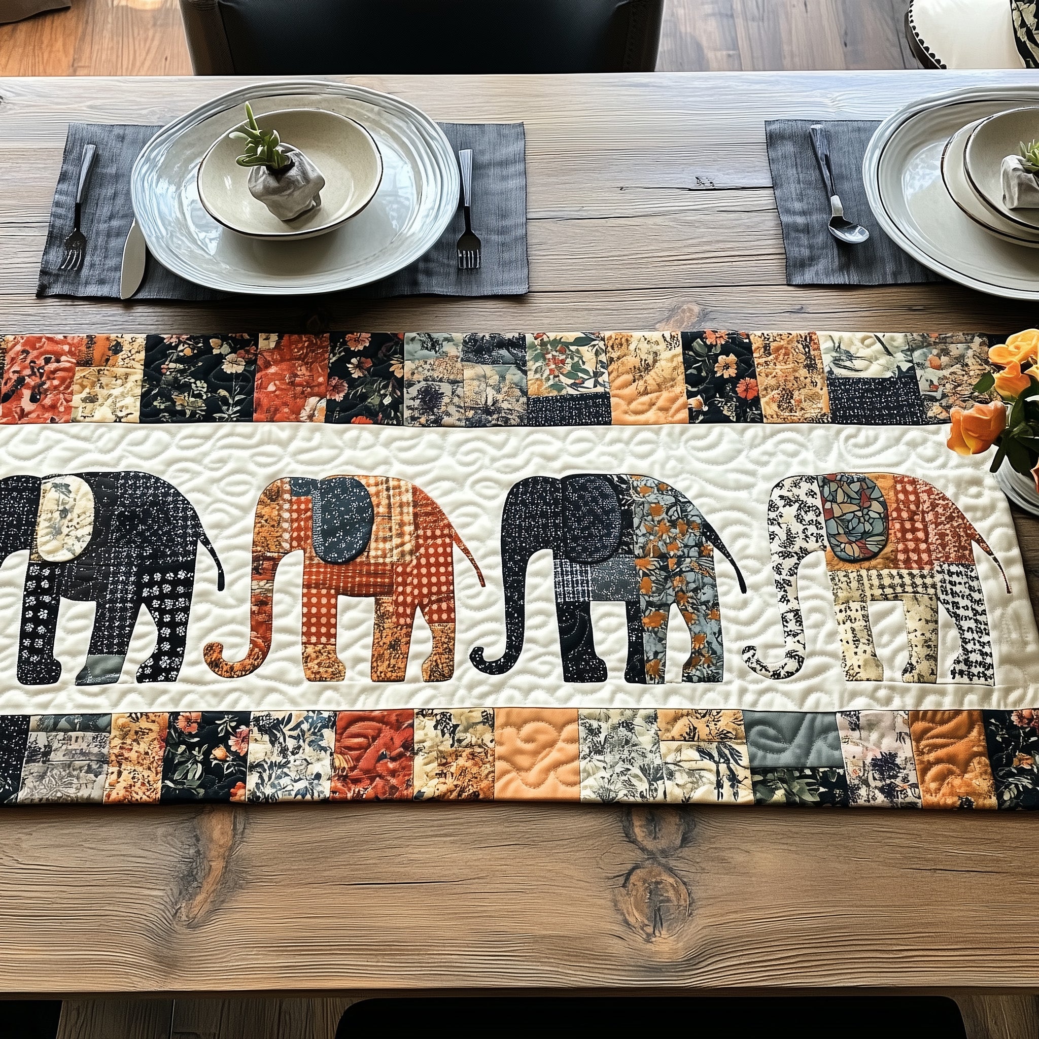 Elephant Harmony Path Quilted Table Runner Winter Holiday Table Runner Decor