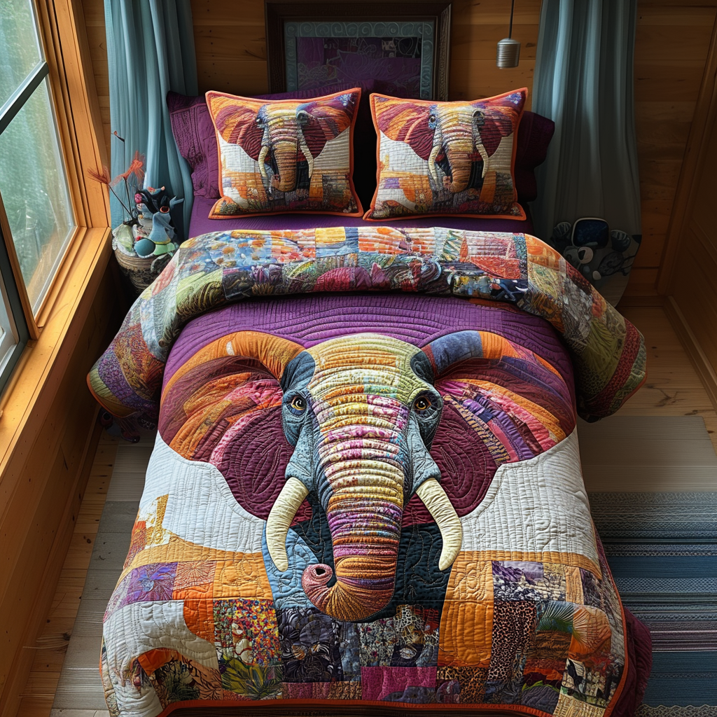 Elephant Harmony Quilted Bedding Set Cozy Bedroom Decor Elephant Themed Gifts