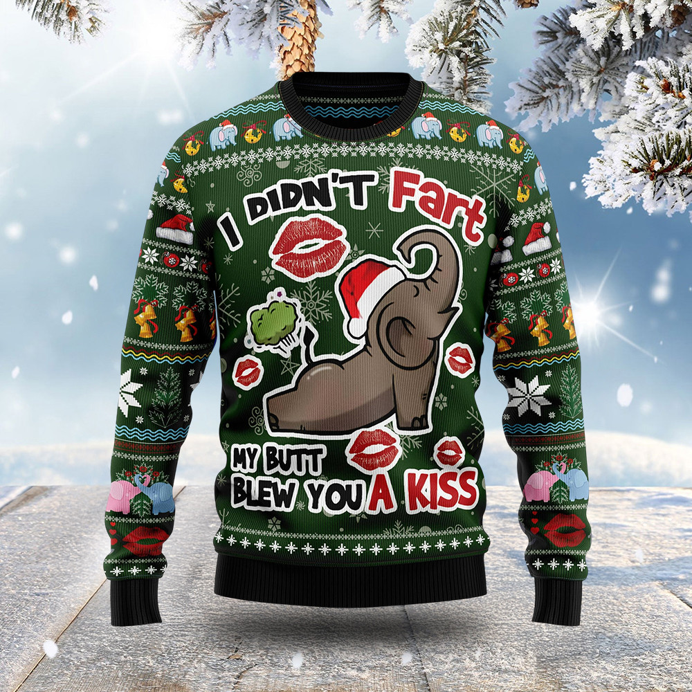Elephant I Didn't Fart My Butt Blew You Kiss Ugly Christmas Sweater Animal Clothing Gifts