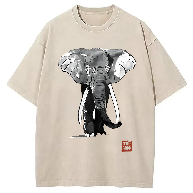Elephant Japanese Washed T-Shirt Retro Humor Outfit Idea Gifts For BFF