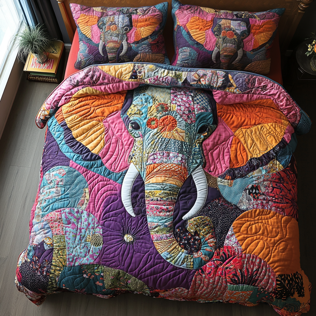 Elephant Journey Quilted Bedding Set Bed Room Decoration Elephant Gifts For Him Her