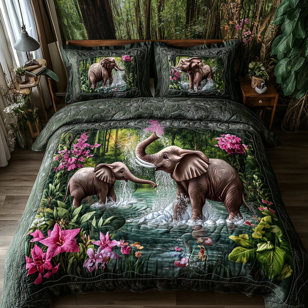 Elephant Journey Quilted Bedding Set Holiday Season Duvet Cover Set Christmas Gift Ideas For Elephant Lovers