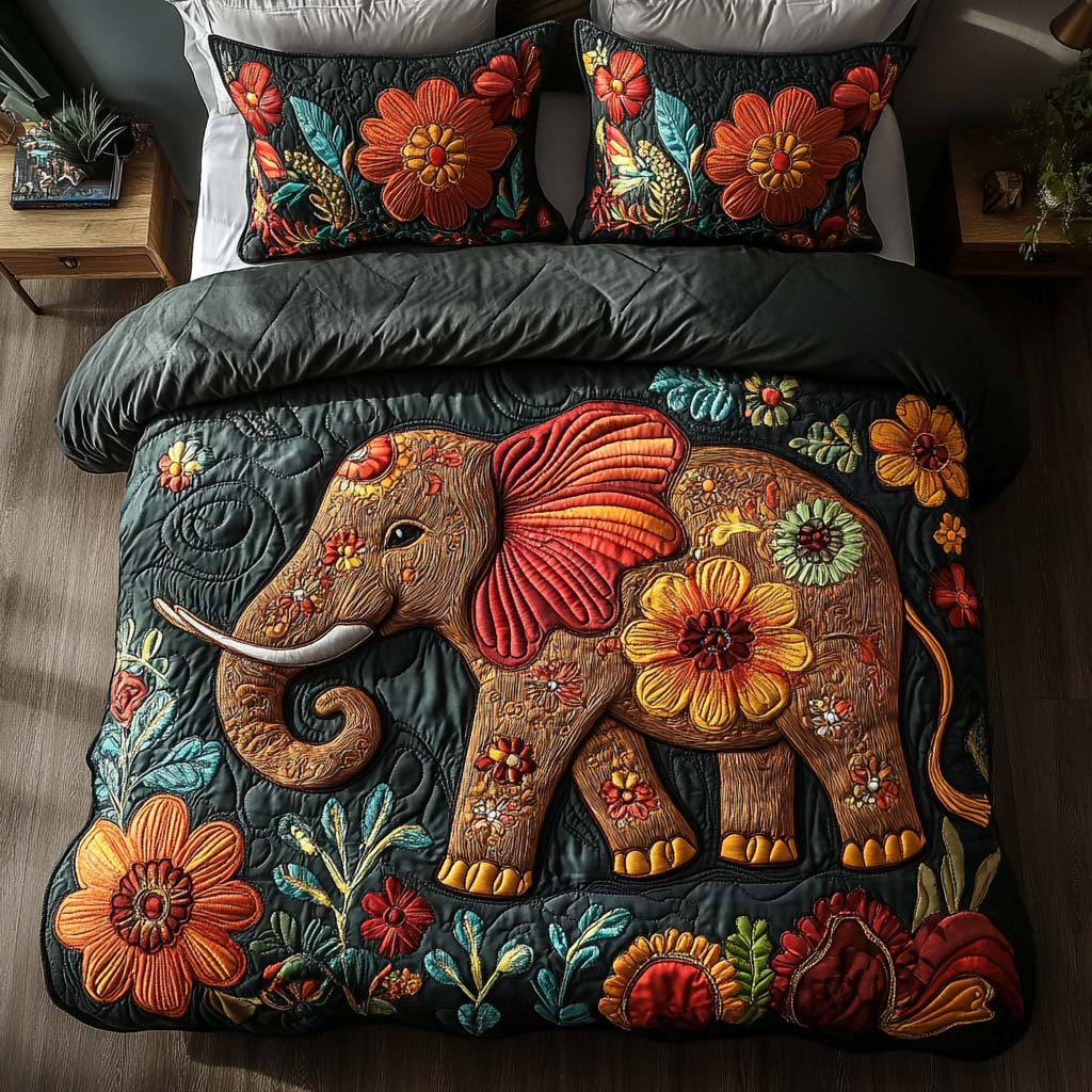 Elephant Meadow Bliss Quilted Bedding Set Xmas Holiday Duvet Cover Set Unique Elephant Gifts
