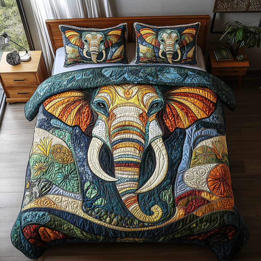 Elephant Odyssey Quilted Bedding Set Lovely Bedroom Gift Idea for Housewarming