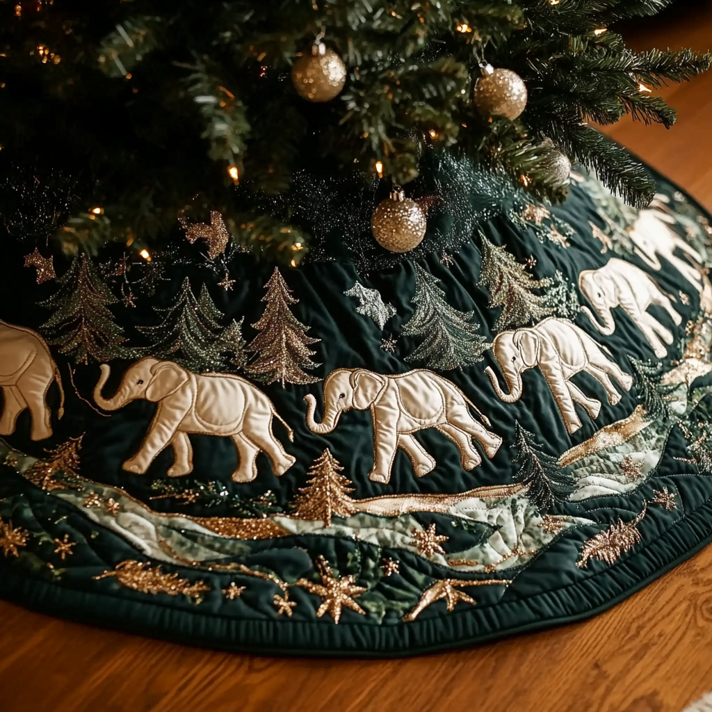 Elephant Parade Christmas Quilted Tree Skirt Unique Christmas Tree Skirt Design Family Holiday Gathering Decor