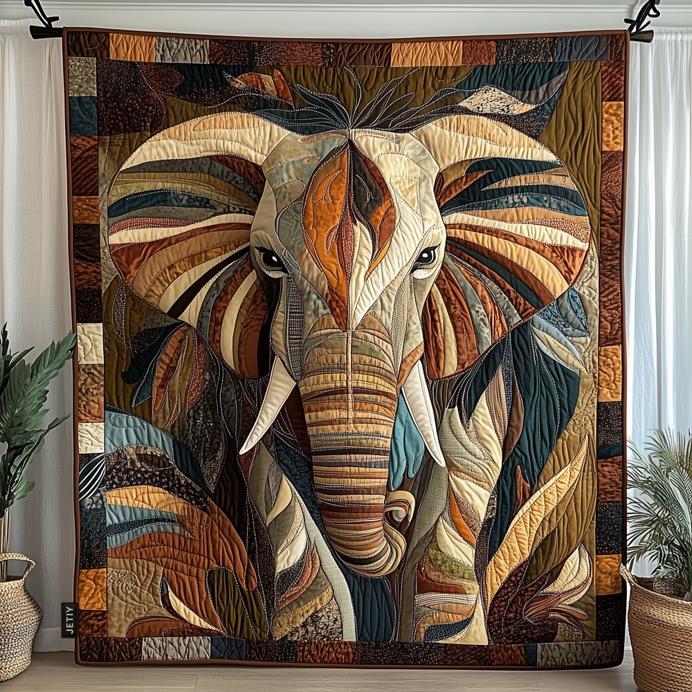 Elephant Patchwork Portrait Quilted Blanket Earthy Tones Wildlife Throw Best Gift For Elephant Fans