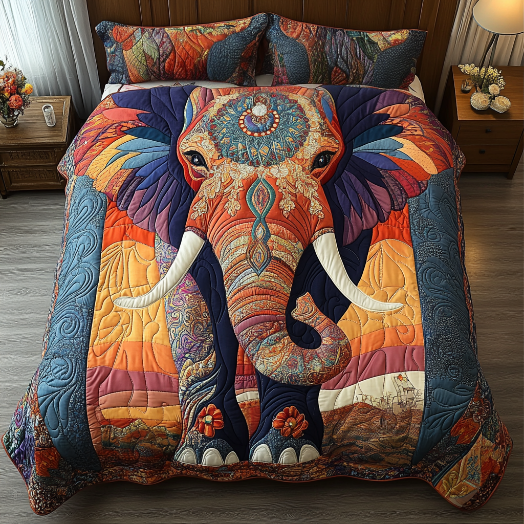 Elephant Path Quilted Bedding Set Best Comforter Sets Gift For Elephant Lovers