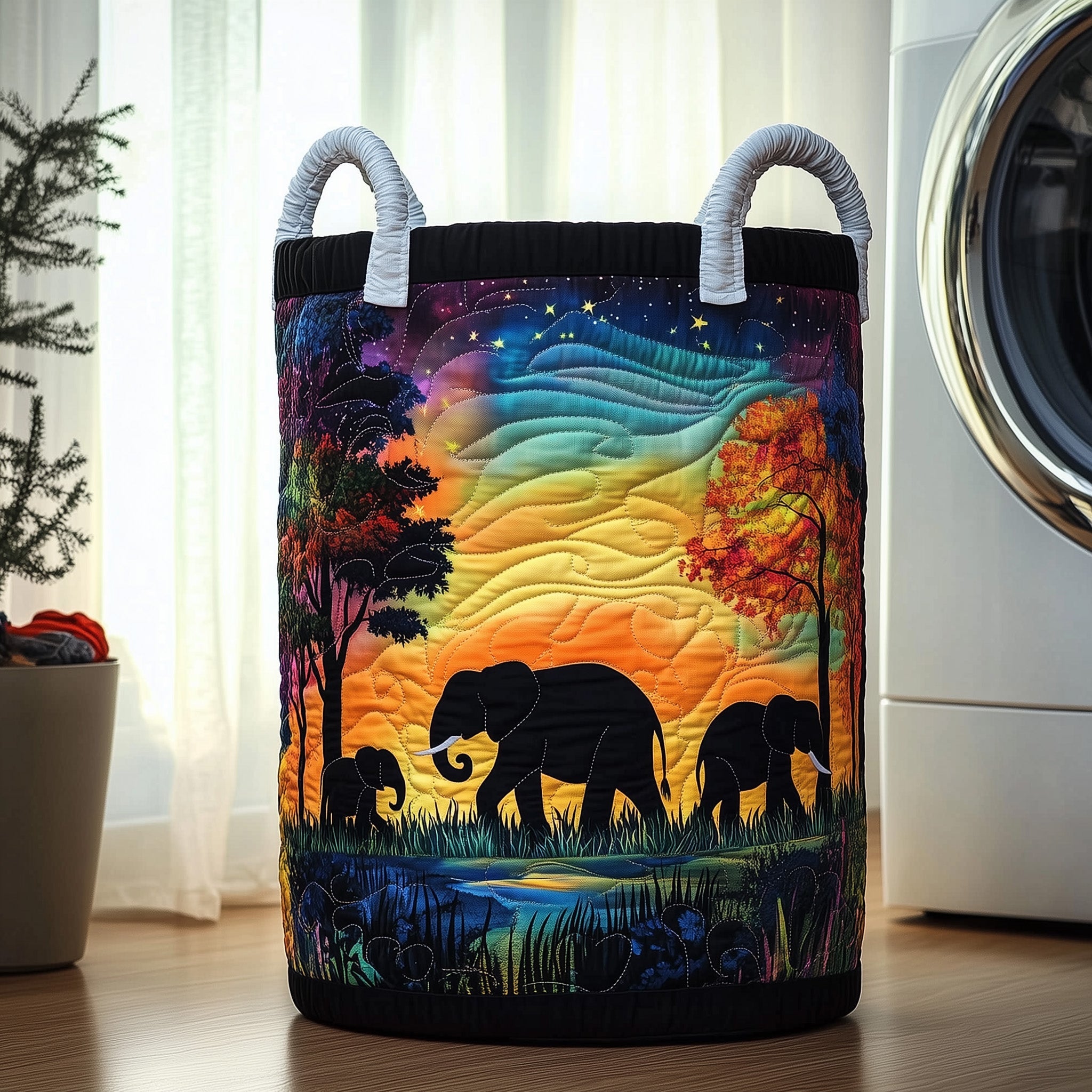 Elephant Quilted Laundry Basket Stylish Fabric Clothes Hamper Gift For Animal Lovers
